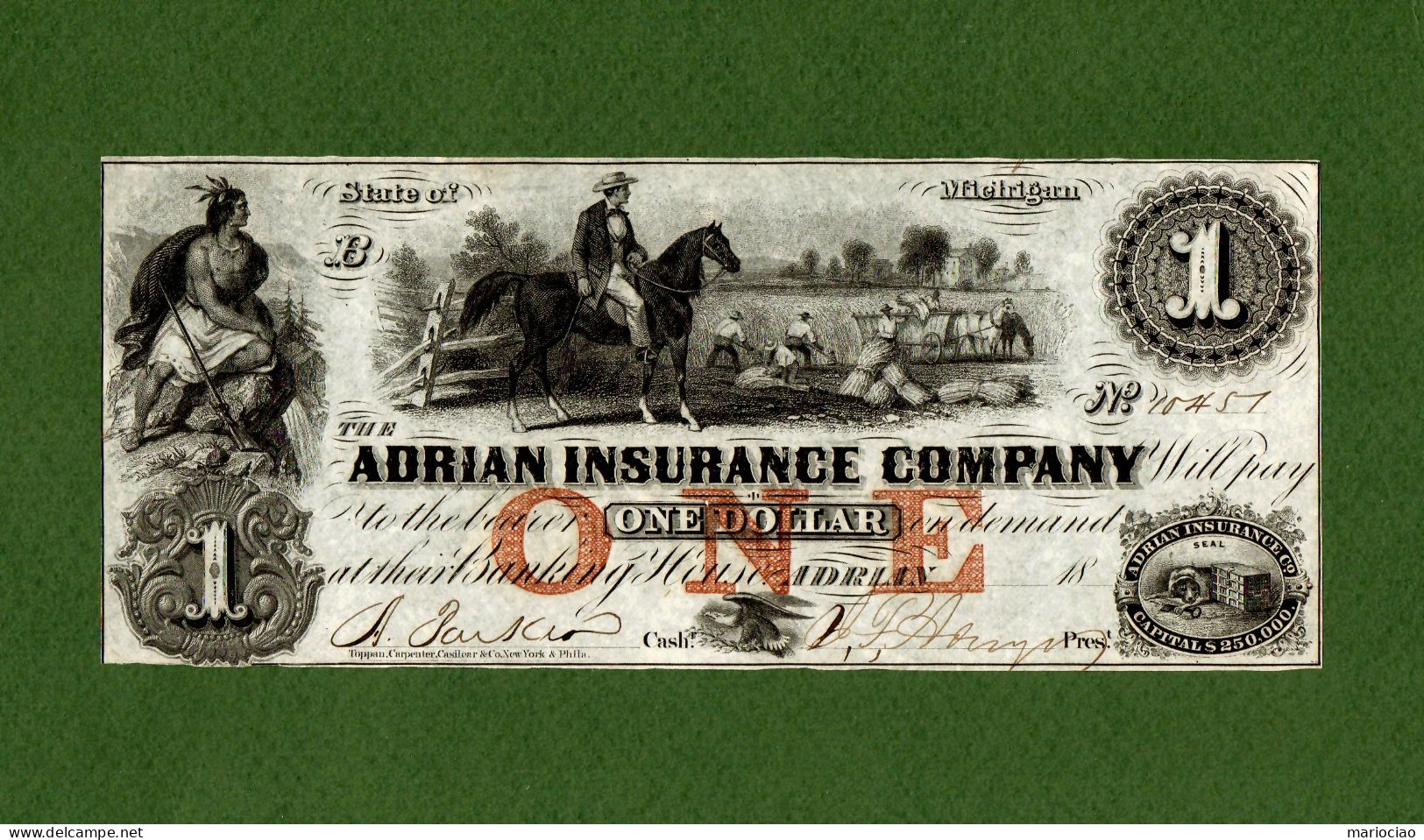 USA Note MICHIGAN $1 Adrian Insurance Company 1800's SLAVES In The Plantation N.10457 - Otros & Sin Clasificación