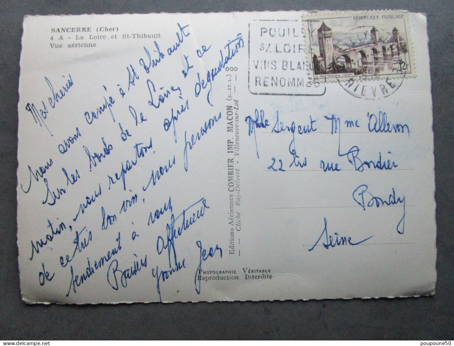 CP 18 Cher  SANCERRE  - La Loire Et Saint Thibault Vue Aérienne  Timbrée  1950 - Sancerre