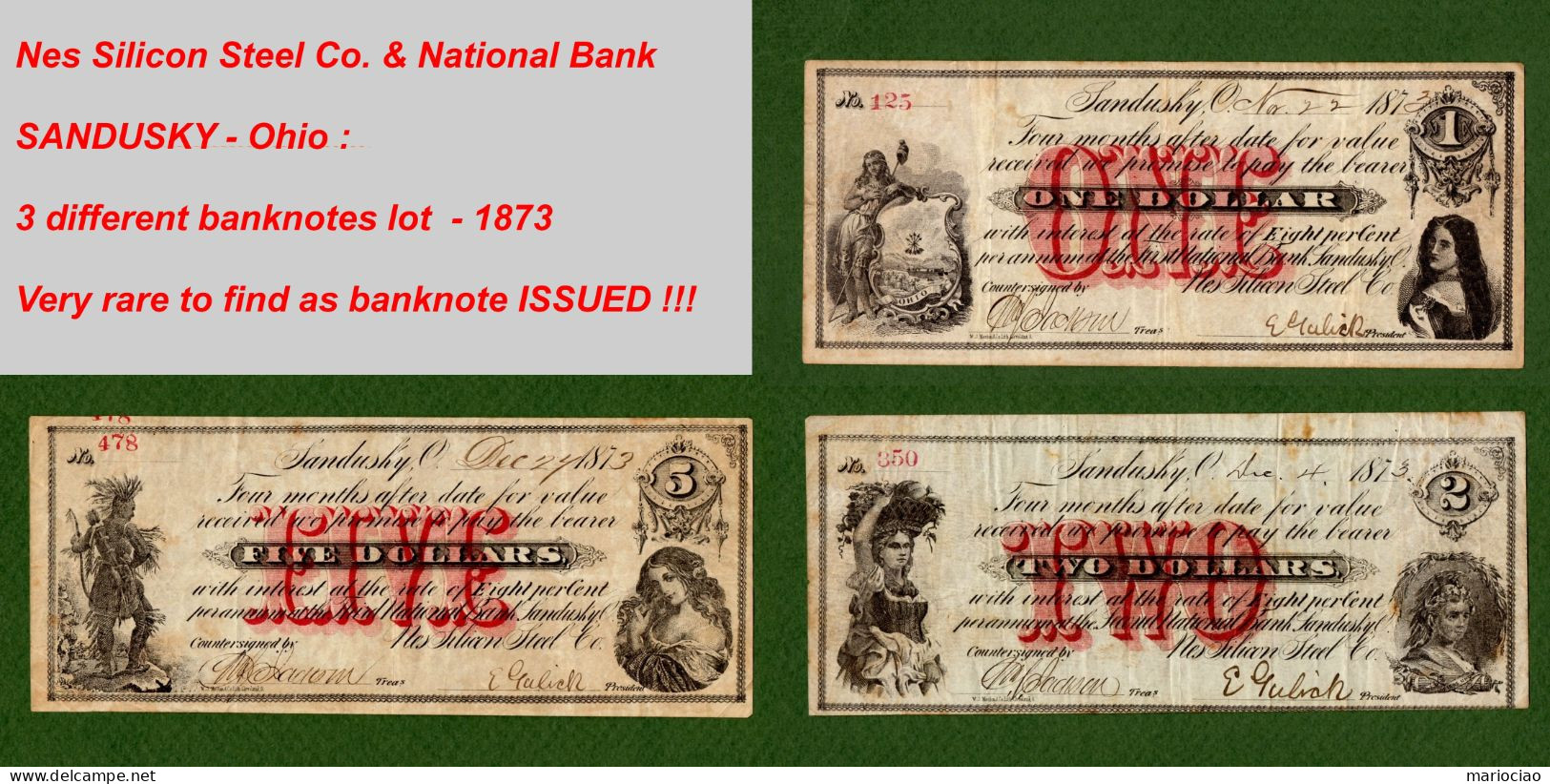USA Note National Bank Sandusky & Nes Silicon Steel Co. Ohio 1873 $1 - $2 - $5 LOT - Other & Unclassified