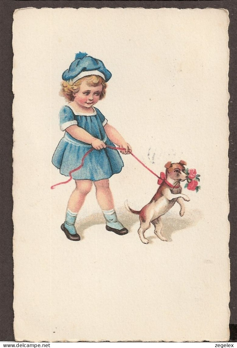 Petite Fille Avec Son Chien - Jolie Carte Postale Ancienne 1928 - Vintage Card - Dessins D'enfants