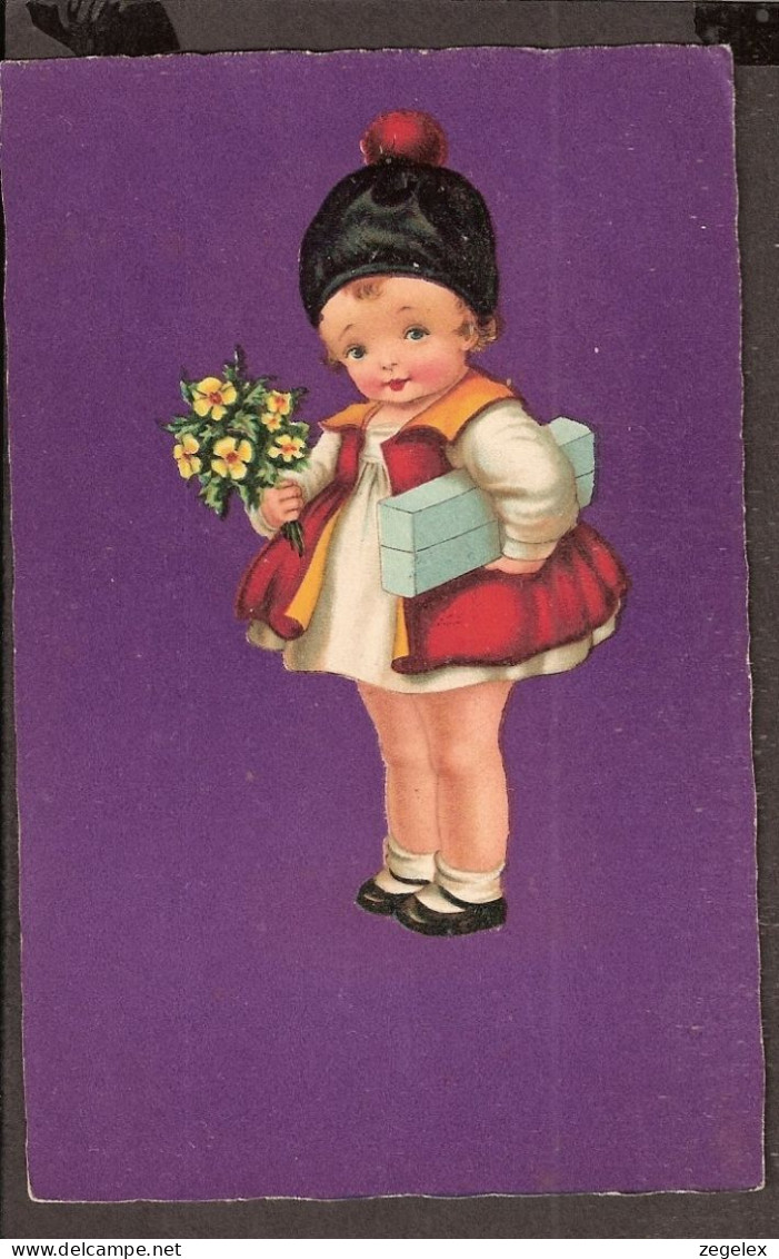 Petite Fille Avec Son Cadeau - Jolie Carte Postale Ancienne 1930 - Vintage Card - Children's Drawings