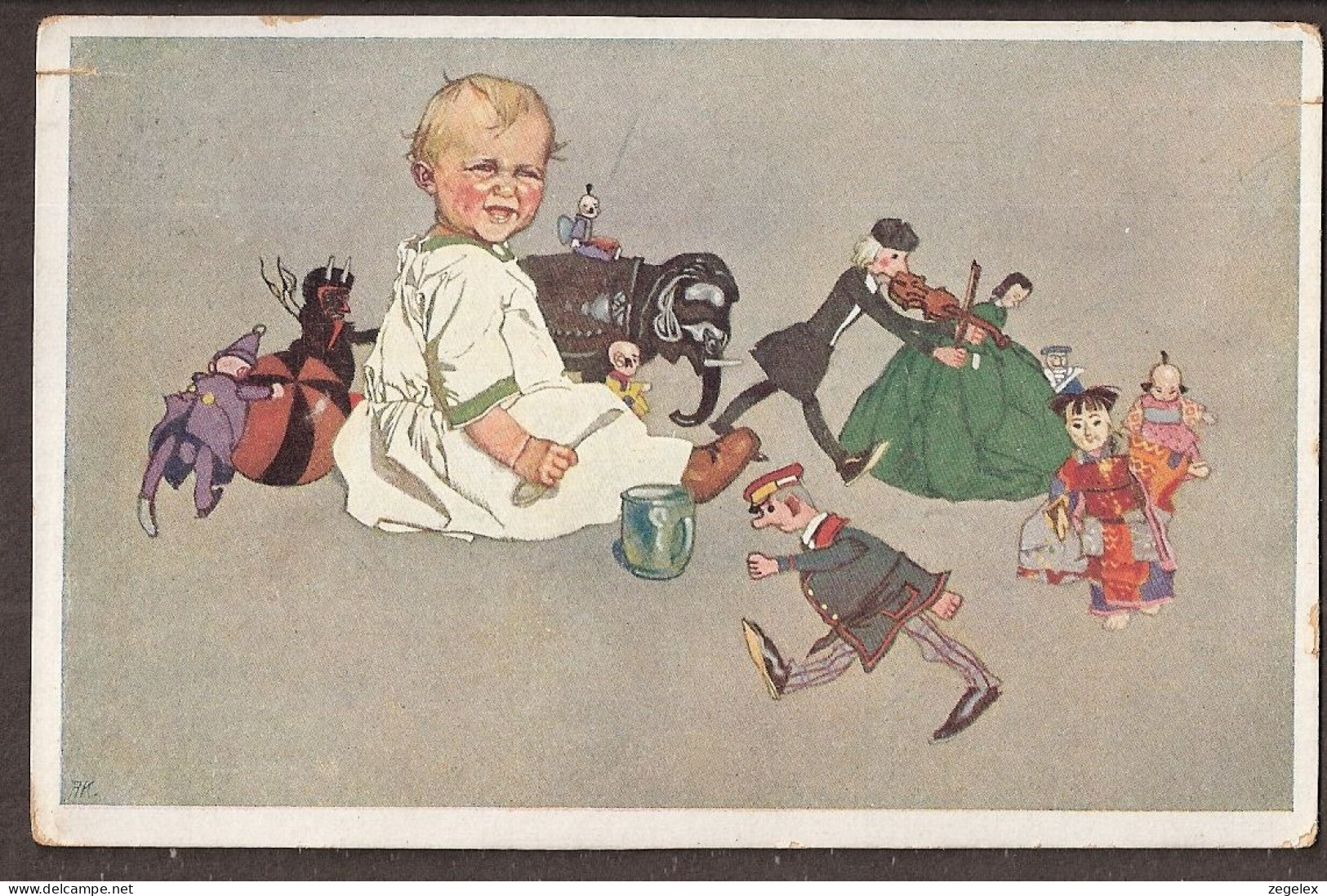 Petite Enfant Avec Ses Poupées-éléphante, Poupées Chinois, Violin.Jolie CPA 1930 - Vintage Card - Dessins D'enfants