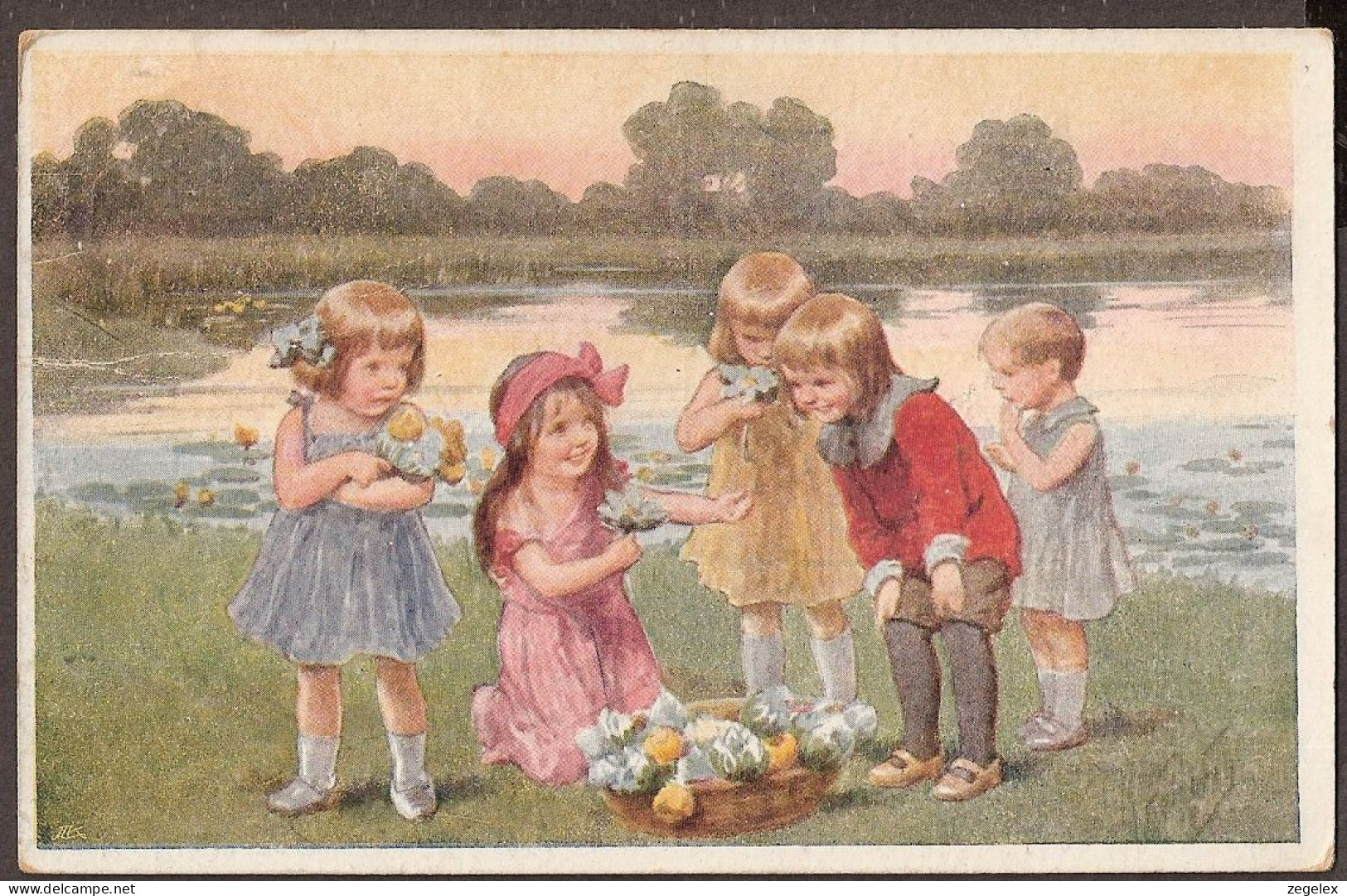 Des Petites Filles Au Bord De L'étang Avec Des Lilies - Jolie CPA 1930 - Vintage Card - Dessins D'enfants