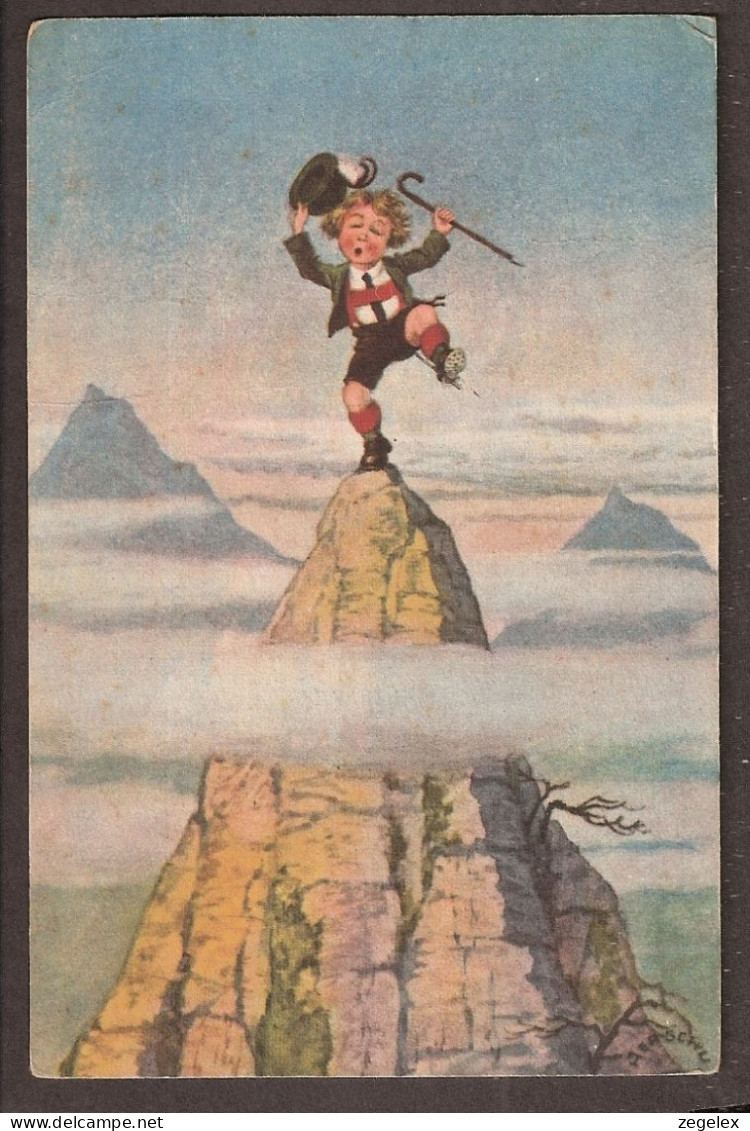 Petit Garçon Sur La Montagne - Jolie Carte Postale Ancienne 1930 - Vintage Card - Children's Drawings