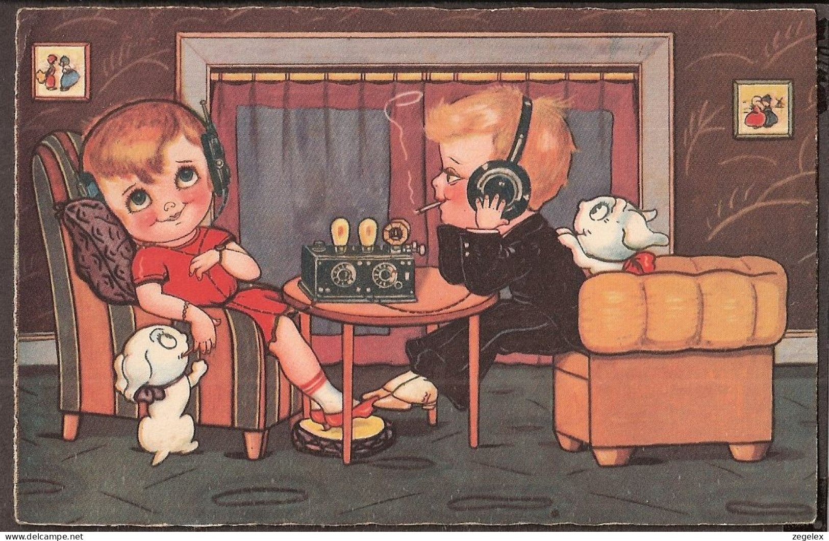 Des Enfants Avec Le Radio Et Des Petits Chiens  - Jolie  CPA 1932 - Vintage Card - Dessins D'enfants