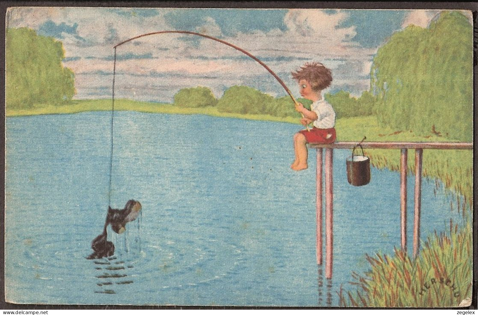 Le Petit Pêcheur  - Jolie Carte Postale Ancienne 1930 - Vintage Card - Kinder-Zeichnungen