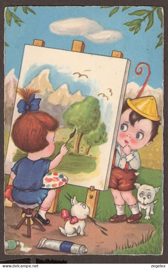 La Petite Peintre  - Jolie Carte Postale Ancienne 1930 - Vintage Card - Kindertekeningen