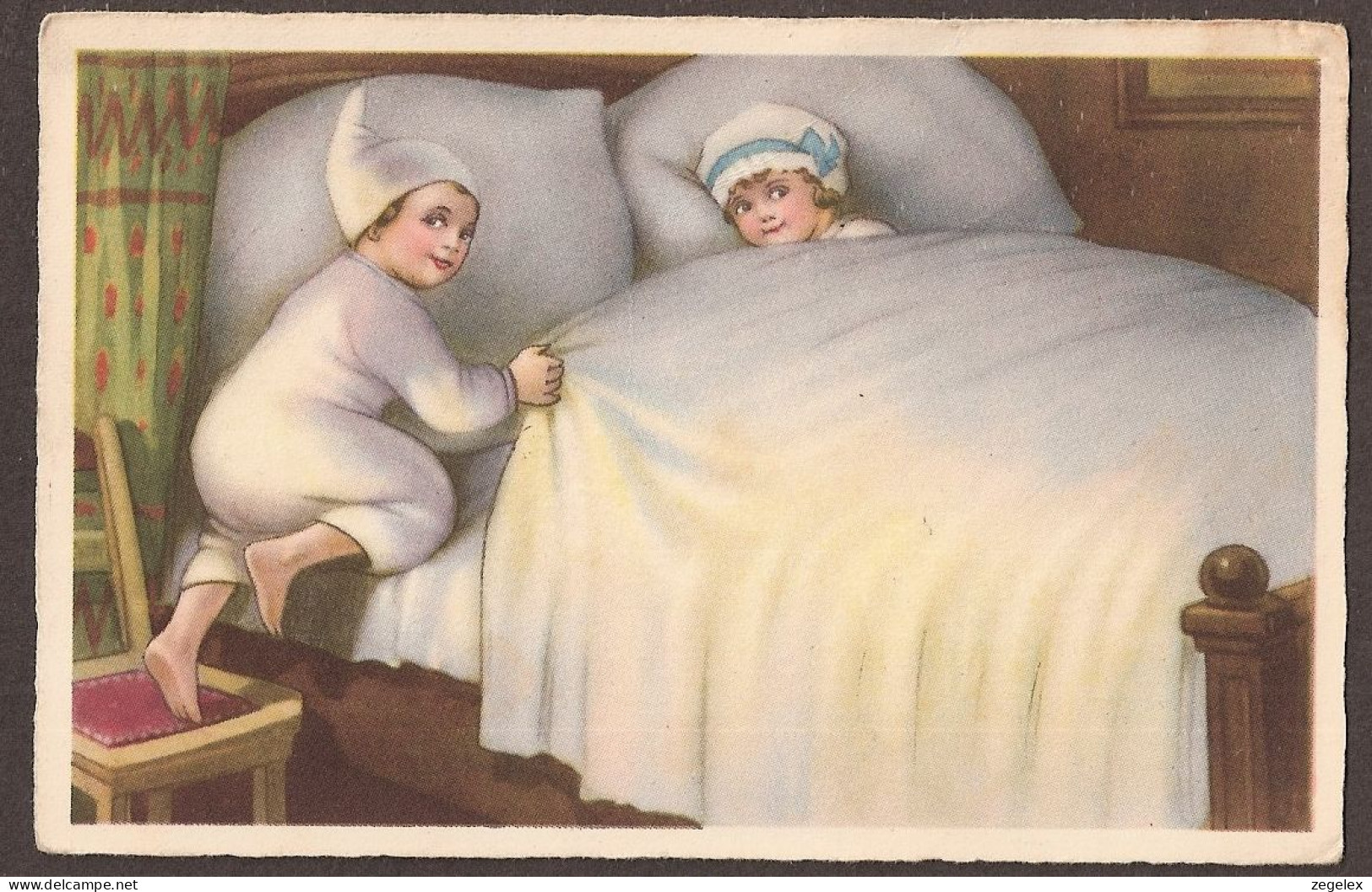 Des Enfants Dorment Dans Un Grand Lit - Jolie Carte Postale Ancienne 1929 - Vintage Card - Children's Drawings