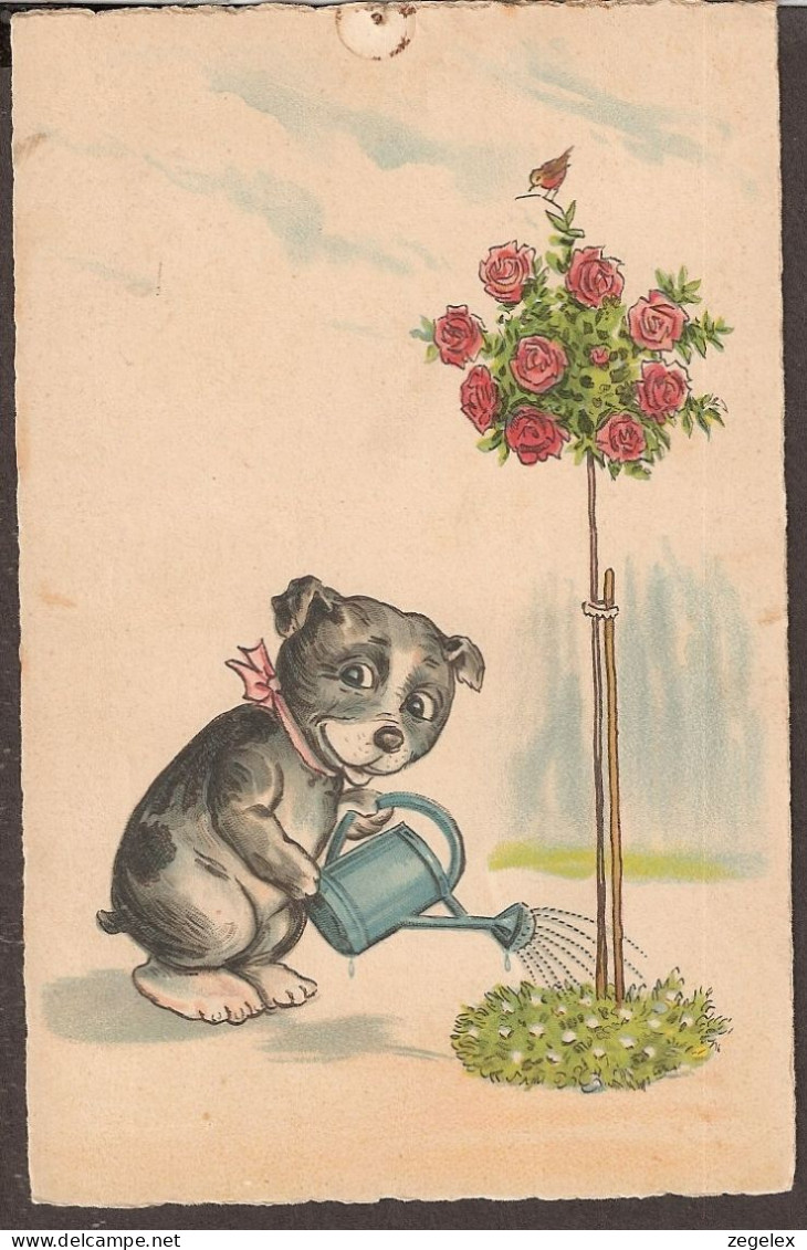 Petit Chien Dans Son Jardin -  Jolie Carte Postale Ancienne 1927 - Vintage Card - Kindertekeningen