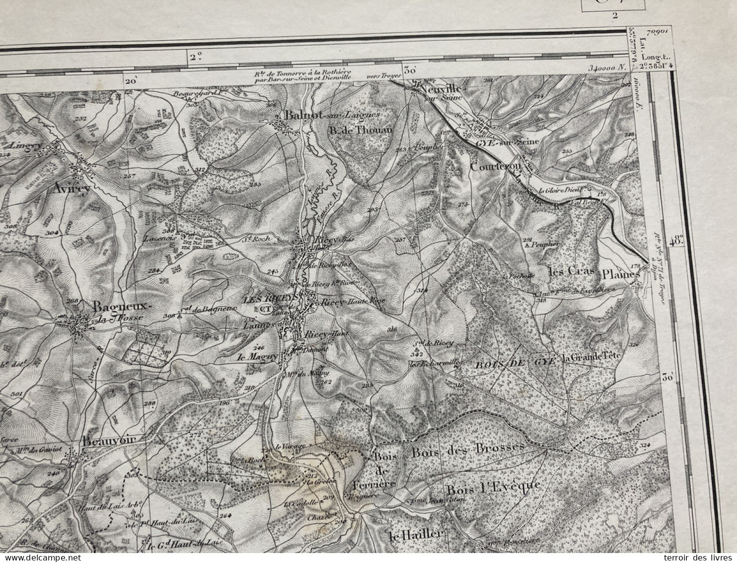 Carte état Major TONNERRE 1890 35x54cm BRAGELOGNE BEAUVOIR-SUR-SARCE CHANNES BAGNEUX-LA-FOSSE ARTHONNAY VILLIERS-LE-BOIS - Geographische Kaarten