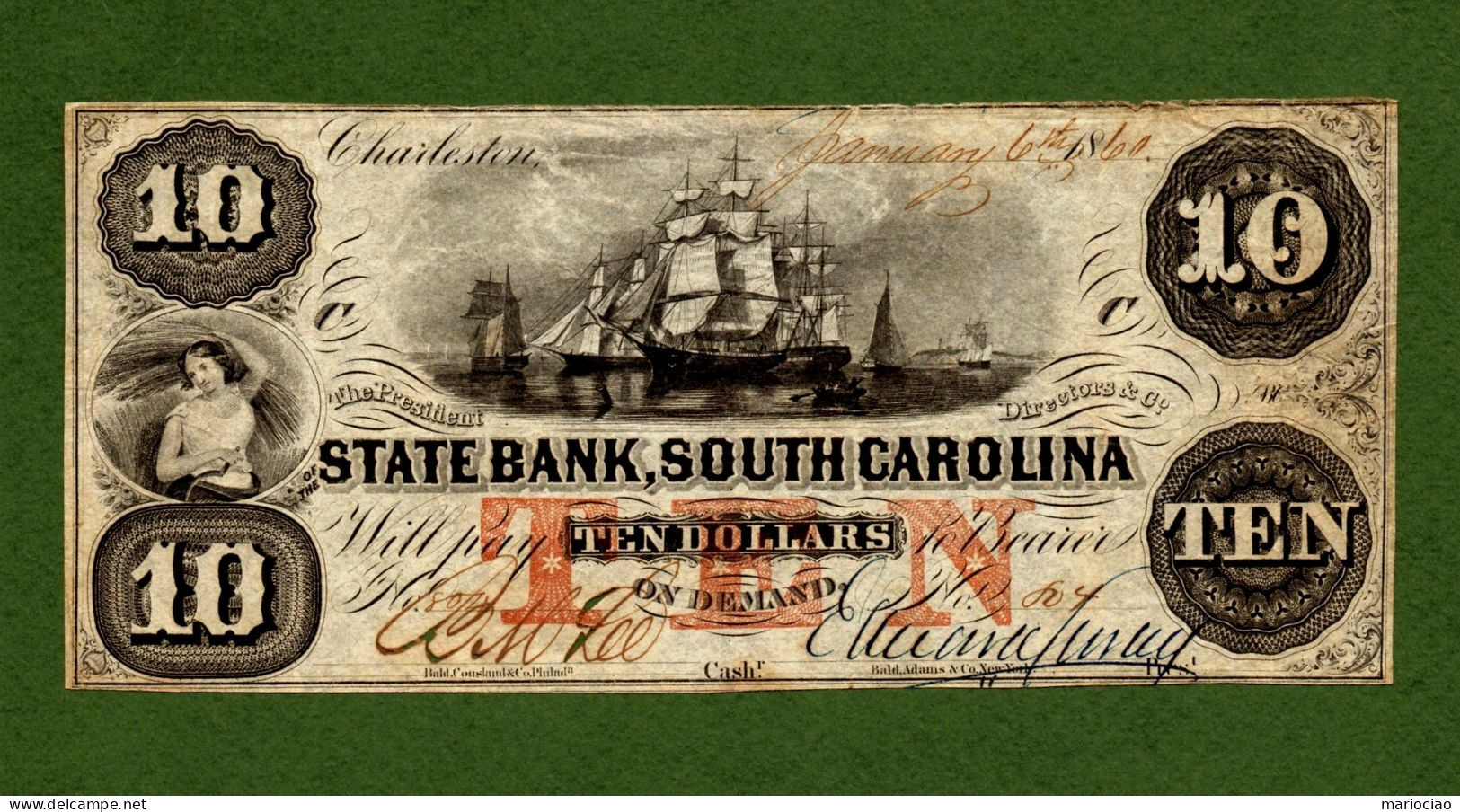 USA Note State Bank, South Carolina $10 Charleston 1860 N.804 - Andere & Zonder Classificatie