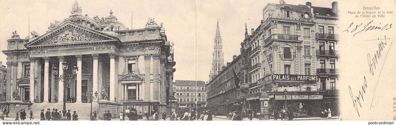 BRUXELLES - Carte Panoramique - Place De La Bourse Et La Tour De L'Hôtel De Ville - Ed. H. N. 793 - Piazze