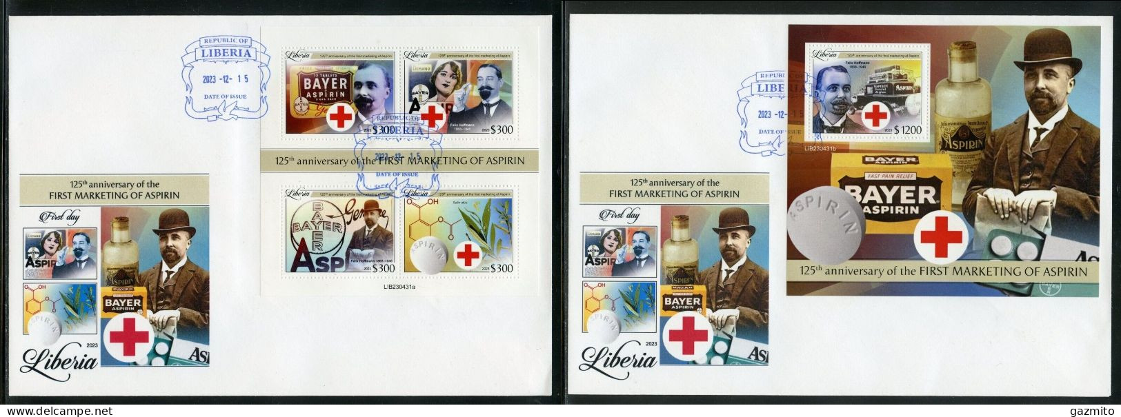 Liberia 2023, Aspirin, Red Cross, 4val In BF +BF In 2FDC - Geneeskunde