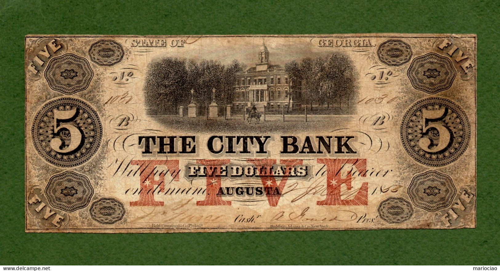 USA Note STATE OF GEORGIA The City Bank $5 AUGUSTA 1850 N.1030 RARE - Andere & Zonder Classificatie