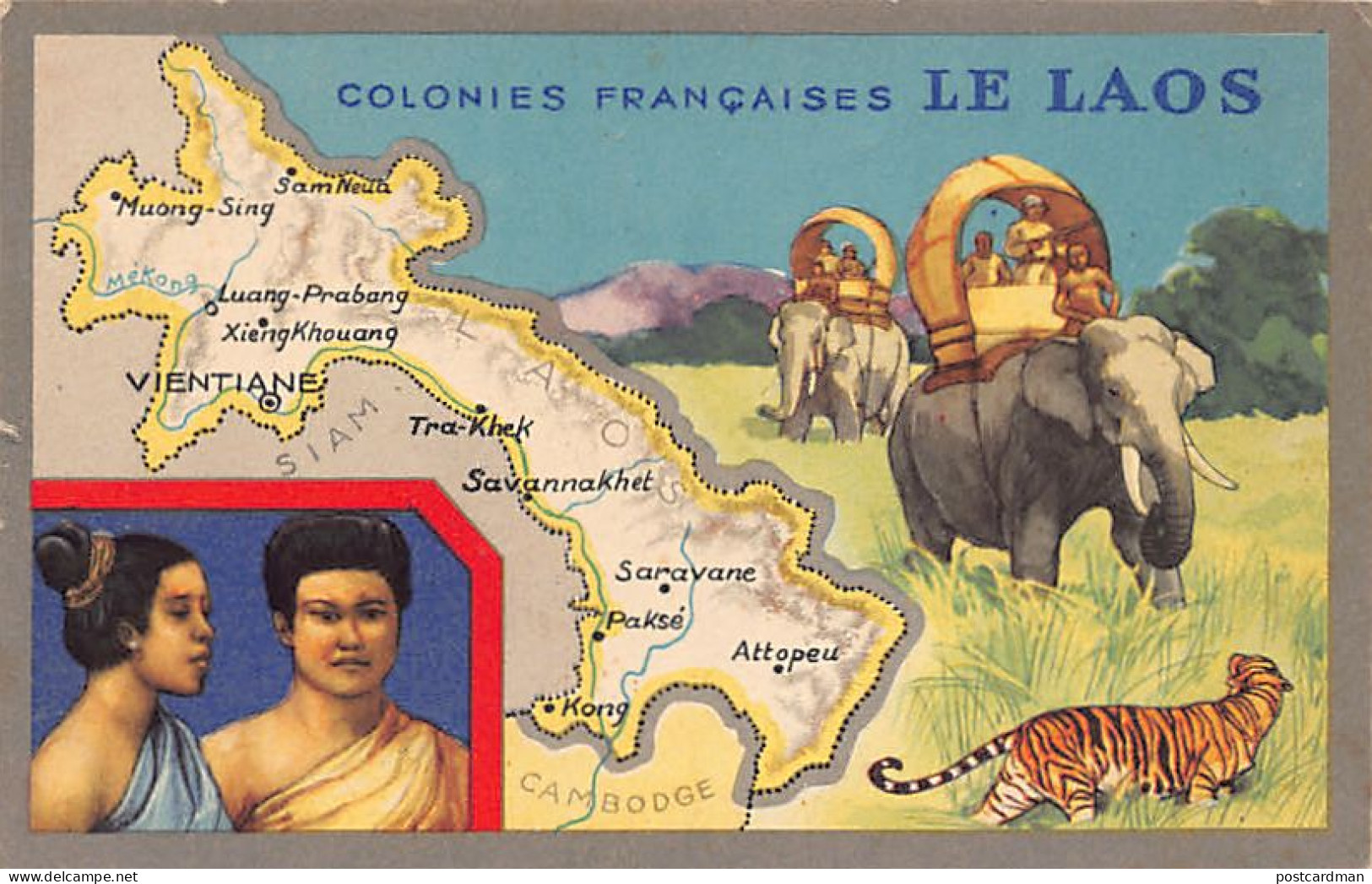 Laos - Carte Géographique, Couple Laotien, éléphants Et Tigre - Ed. Lion Noir  - Laos