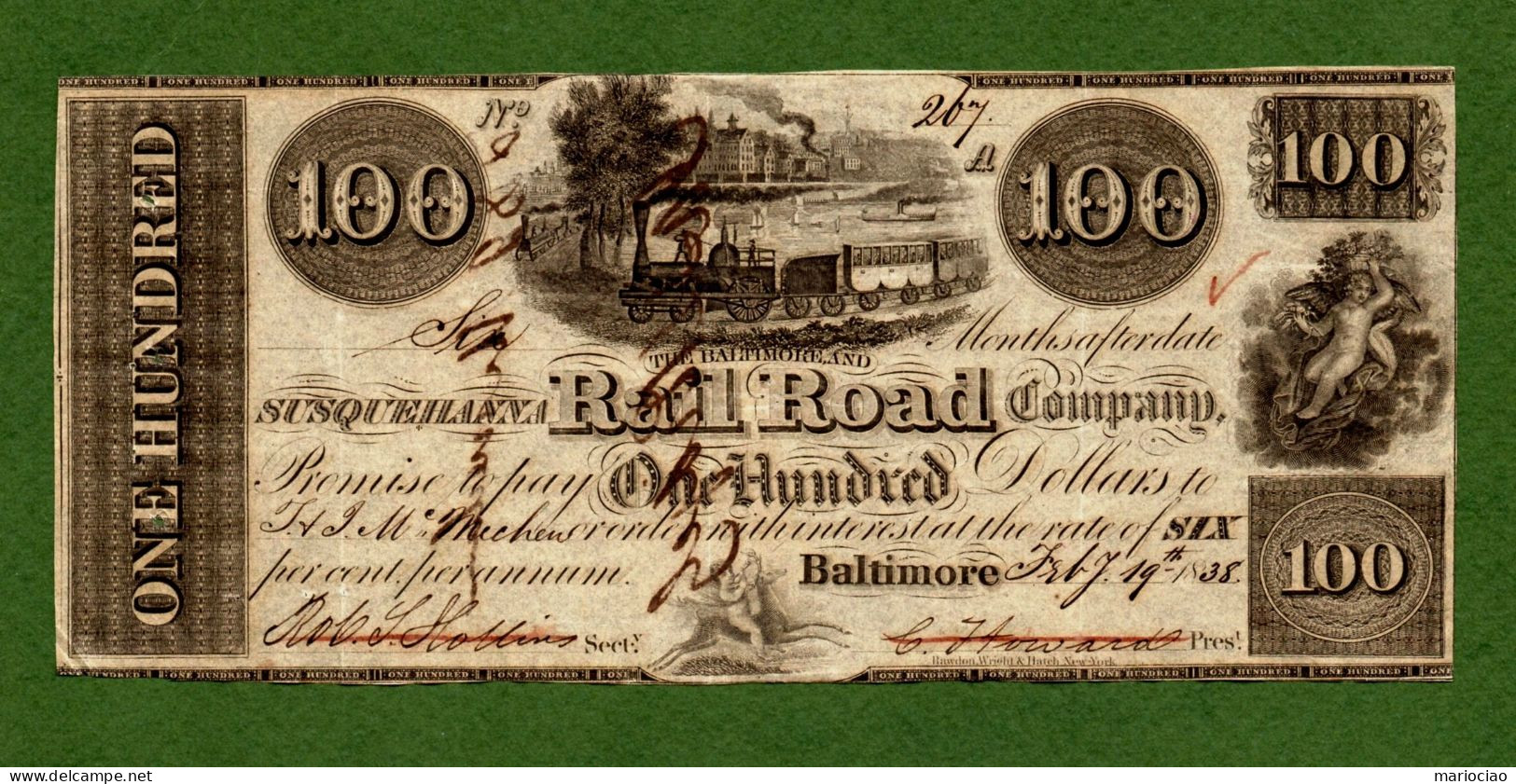 USA Note THE BALTIMORE AND SUSQUEHANNA RAILROAD 1838 $100 N.267 - Andere & Zonder Classificatie
