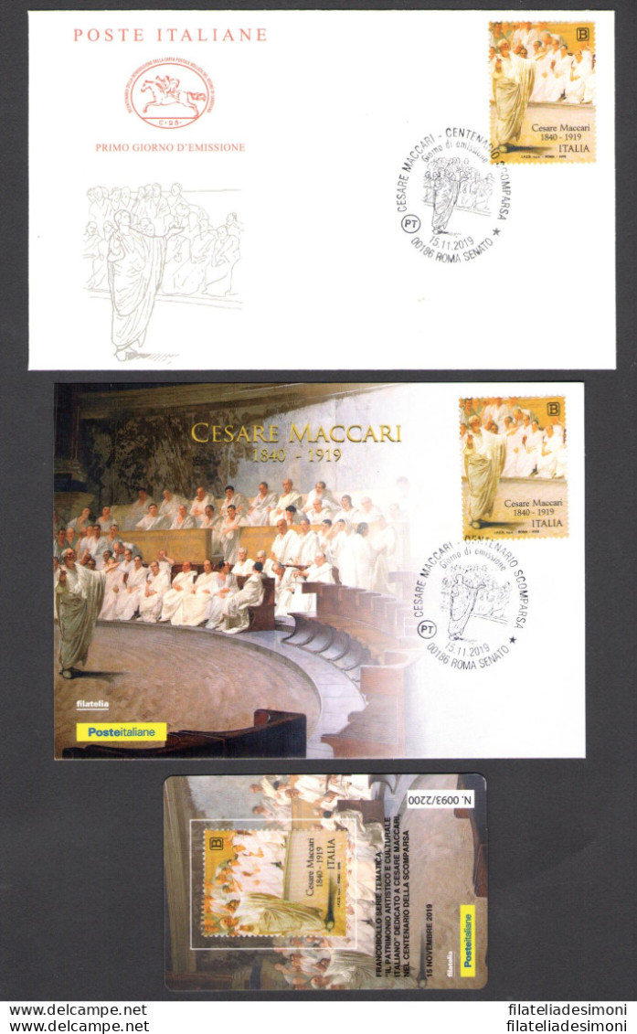 2019 ITALIA , Busta Primo Giorno + Cartolina Maximum + Tessera Filatelica Maccari , Tiratura 2.200 - Philatelistische Karten