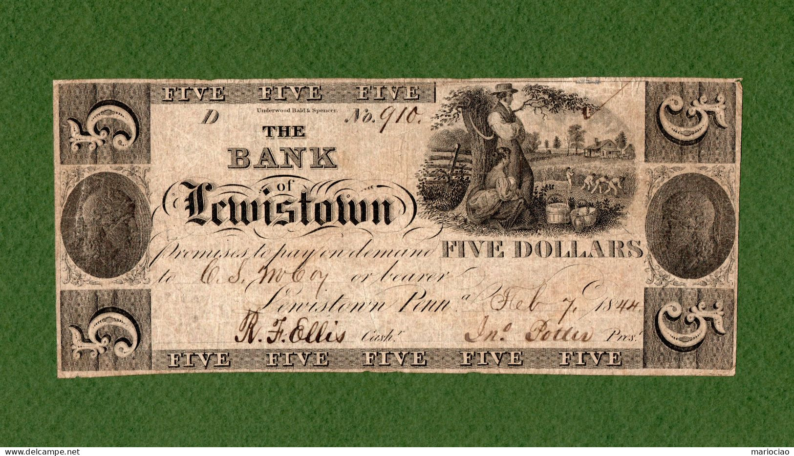 USA Note THE BANK OF LEWISTOWN, PA 1844 $5 N. 910 - Slaves In Plantation VERY VERY RARE - Altri & Non Classificati