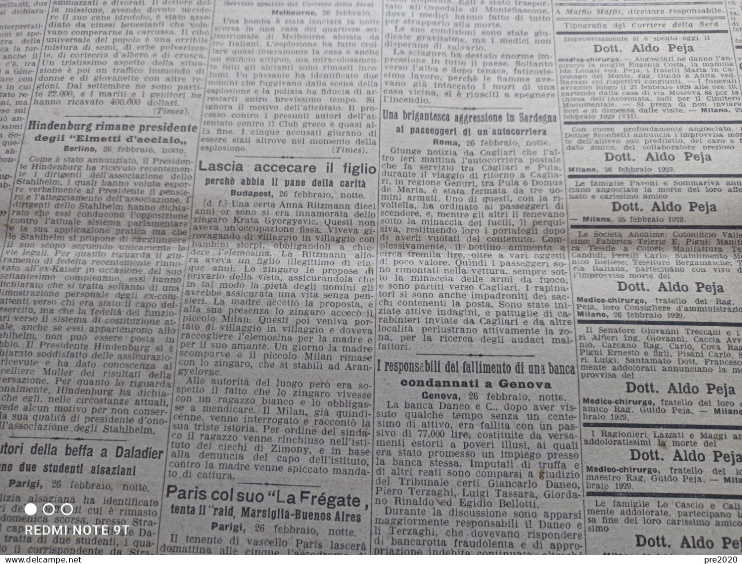 CORRIERE DELLA SERA 27/2/1929 MUSSOLINI A DALMINE NIBBIANA ALTAVILLA PALERMO SAN MICHELE IN TEVERINA PULA SARDEGNA - Other & Unclassified