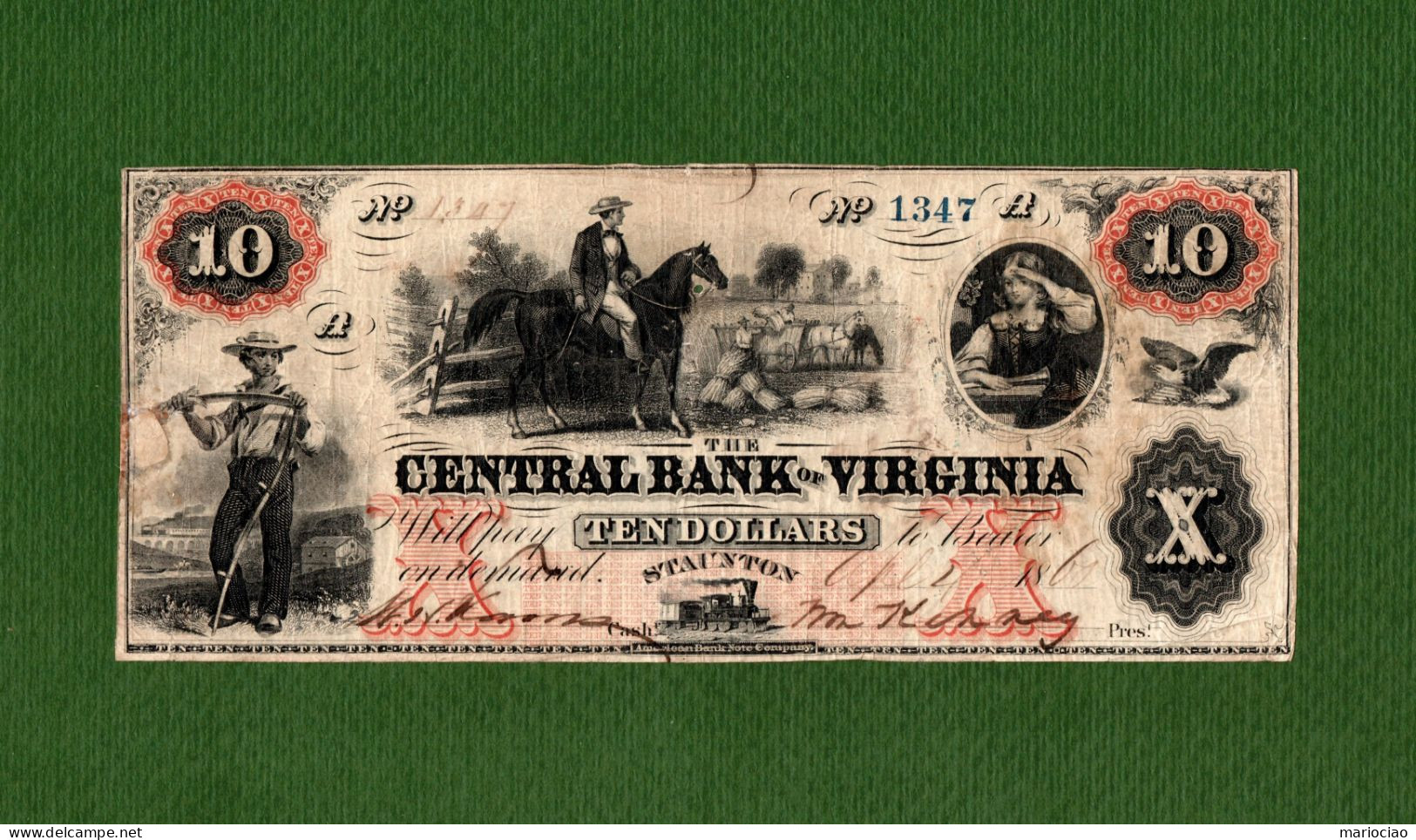 USA Note The Central Bank Of Virginia $10 Staunton, VA 1860 SLAVES N.1347 - Autres & Non Classés