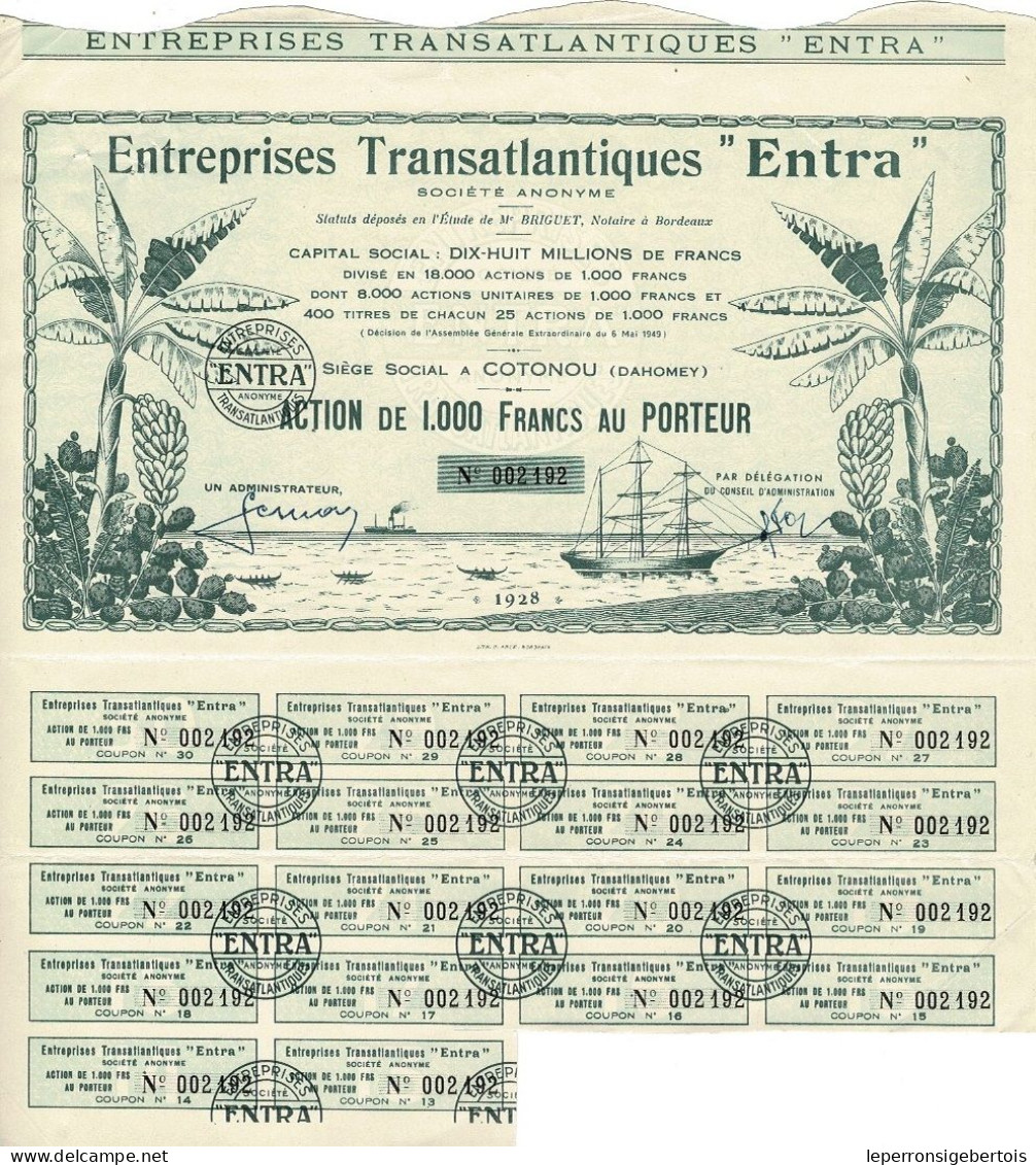 Titre De 1949 - Entreprises Transatlantiques - Entra - Dahomey - Déco - - Navegación