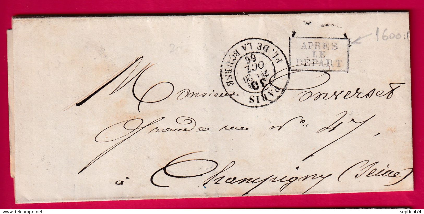 CACHET TAXE PARIS 30C PL DE LA BOURSE 1866 POUR CHAMPIGNY SEINE APRES LE DEPART LETTRE - 1801-1848: Precursores XIX