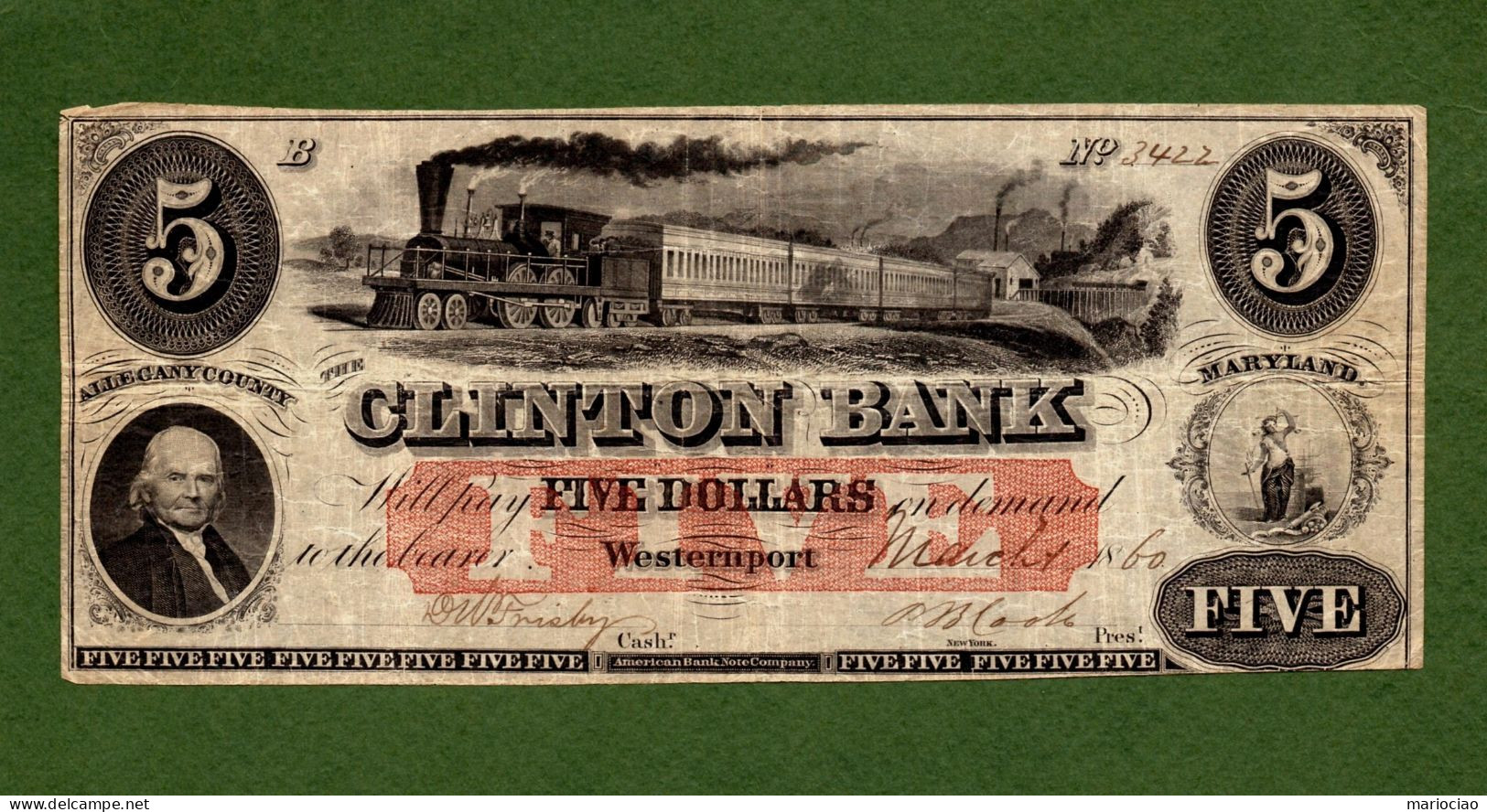 USA Note The CLINTON BANK $5 Westernport 1860 Allegany County, Maryland - RARE N.3422 - Andere & Zonder Classificatie