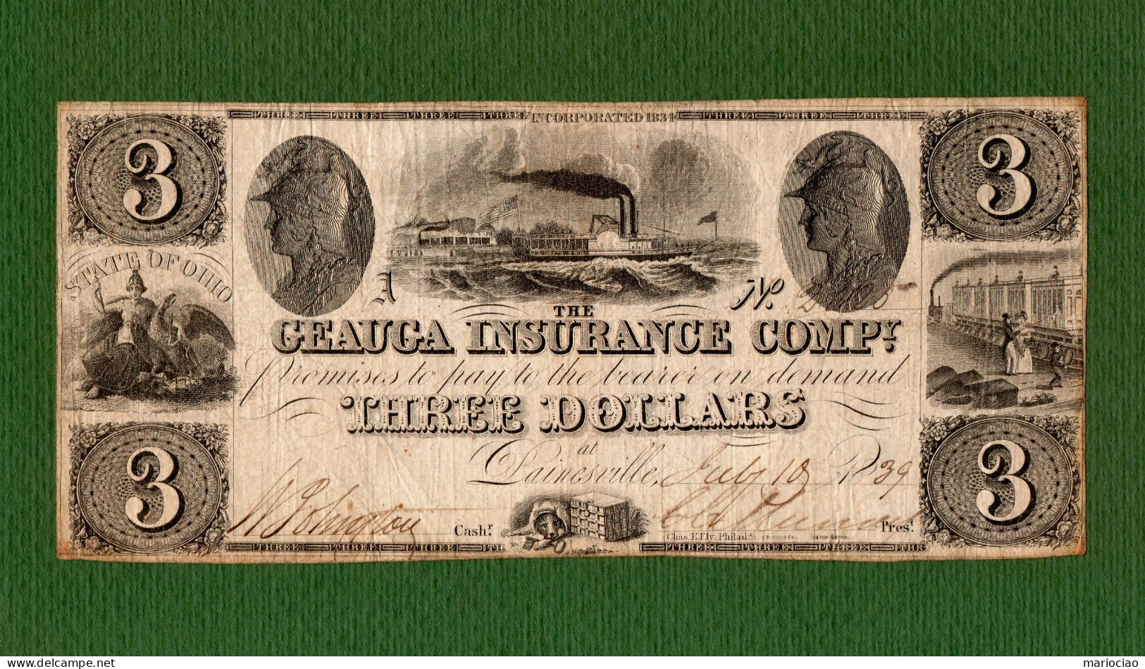 USA Note The Geauga Insurance Company 1839 $3 Painesville, OHIO Steamboat - Other & Unclassified