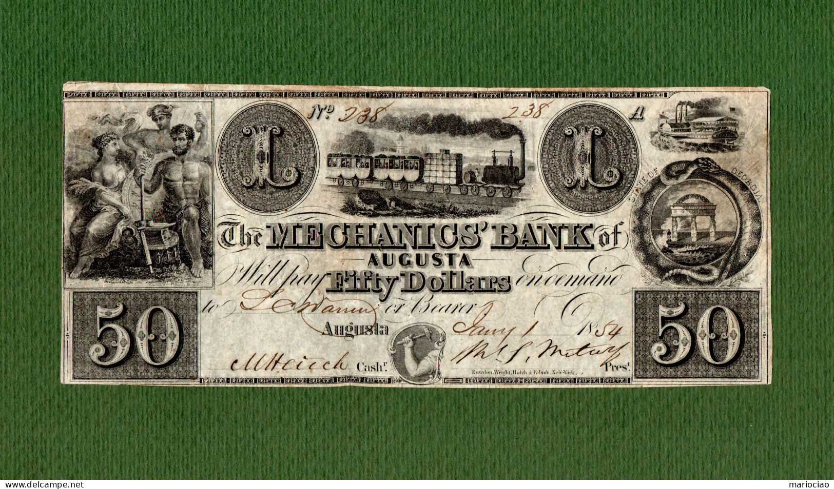 USA Note The Mechanics Bank Of Augusta GEORGIA 1854 $50 Train, Steamboat, Snake N. 238 - Autres & Non Classés