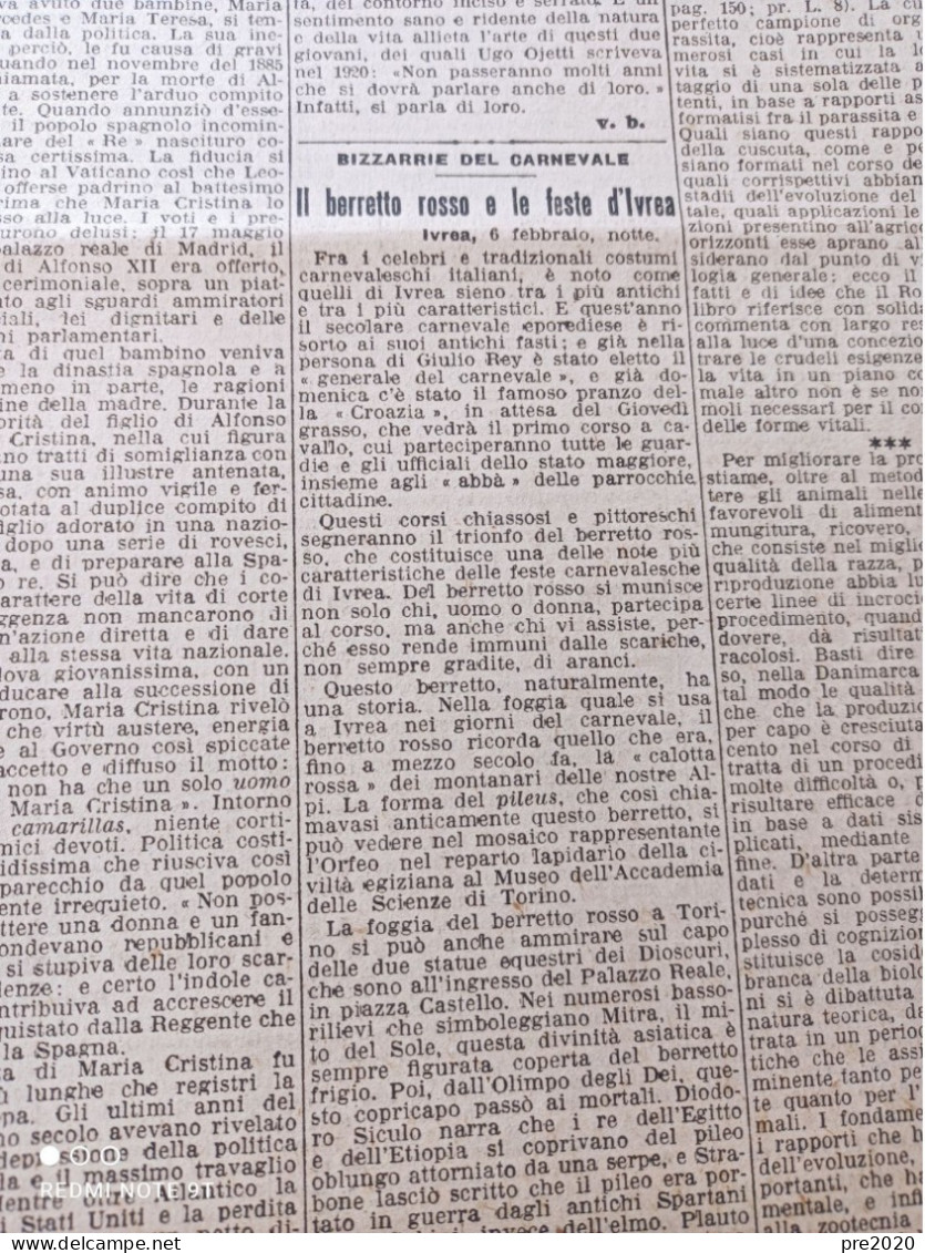 CORRIERE DELLA SERA 7/2/1929 CARNEVALE DI IVREA DIAMANTE CORGNALE - Other & Unclassified