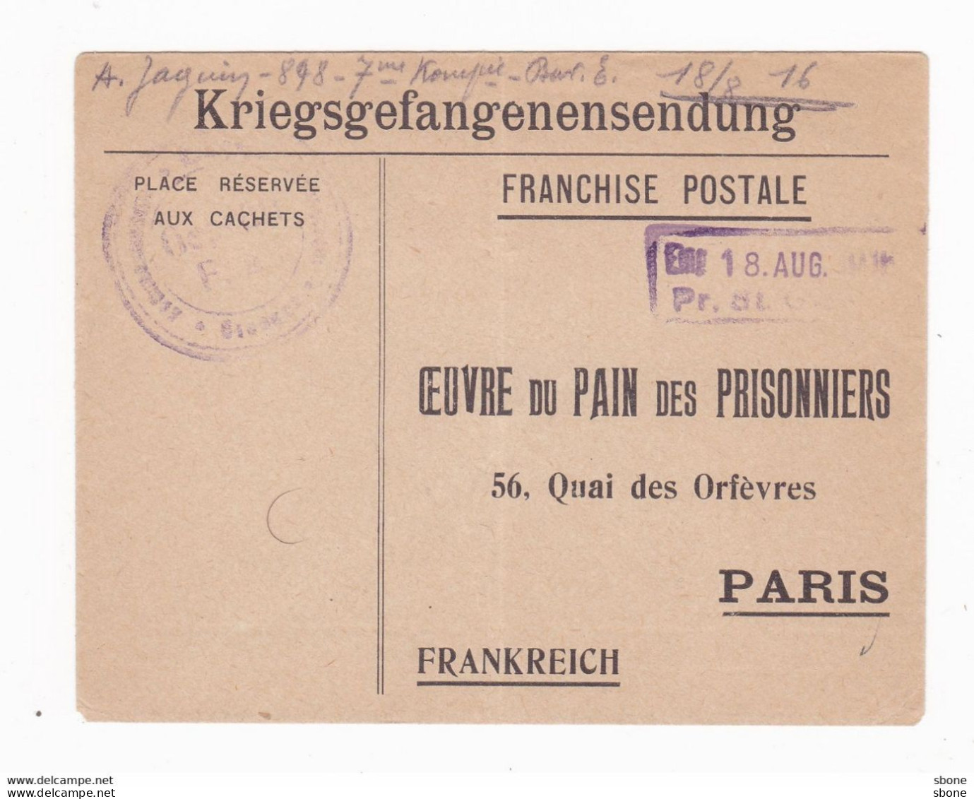 Lettre En Franchise Militaire - Oeuvre Du Pain Des Prisonniers - Covers & Documents