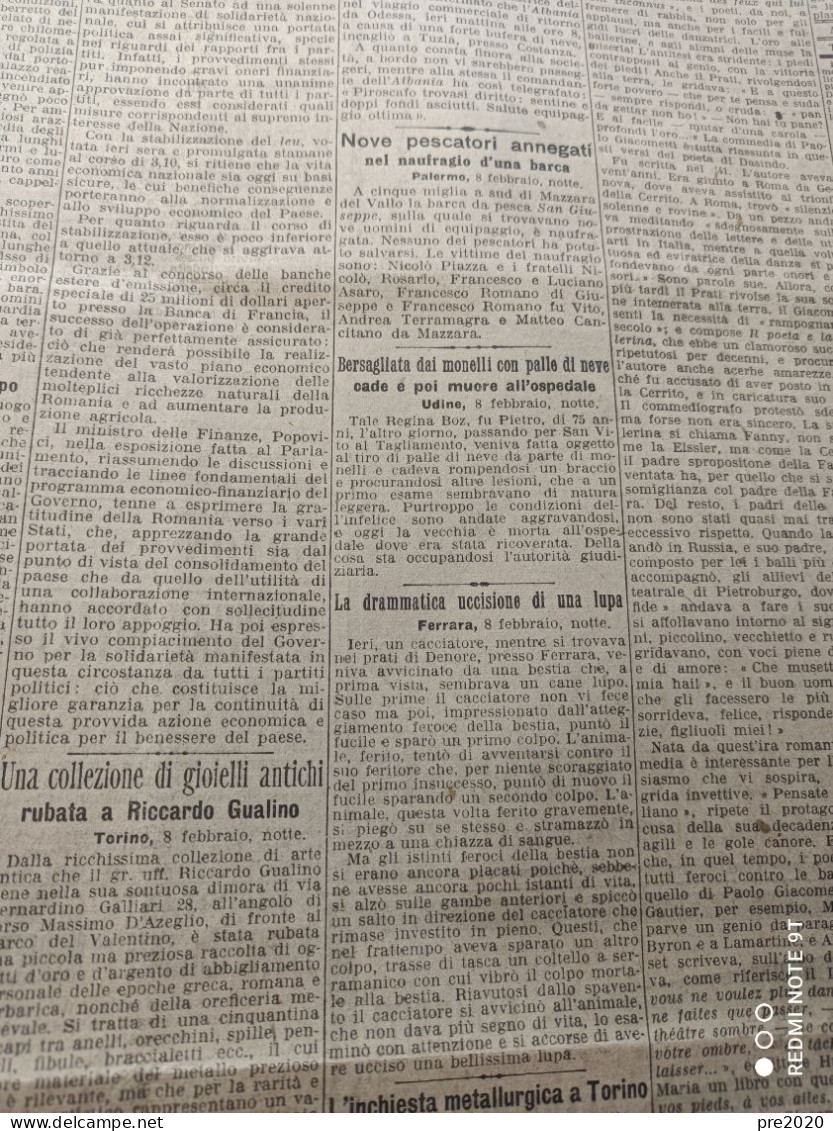 CORRIERE DELLA SERA 9/2/1929 MAZARA DEL VALLO SAN VITO AL TAGLIAMENTO - Other & Unclassified