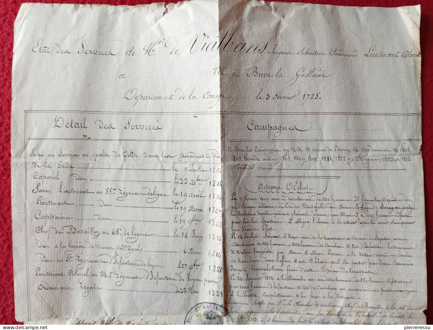 DIPOLME BREVET CERTIFICAT GARDE IMPERIALE VIEILBANS JACQUES 1823 A GUADIX EXPEDITION D ESPAGNE AUTOGRAPHES - Documentos