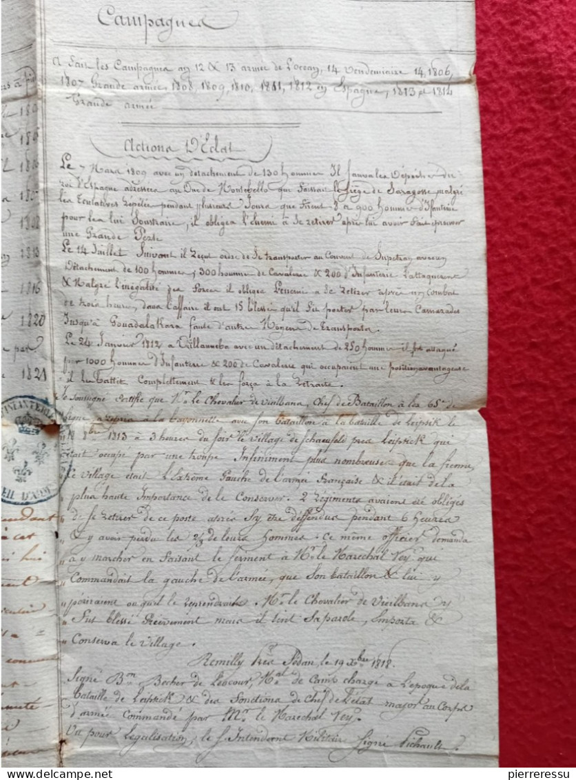 DIPOLME BREVET CERTIFICAT GARDE IMPERIALE VIEILBANS JACQUES 1823 A GUADIX EXPEDITION D ESPAGNE AUTOGRAPHES