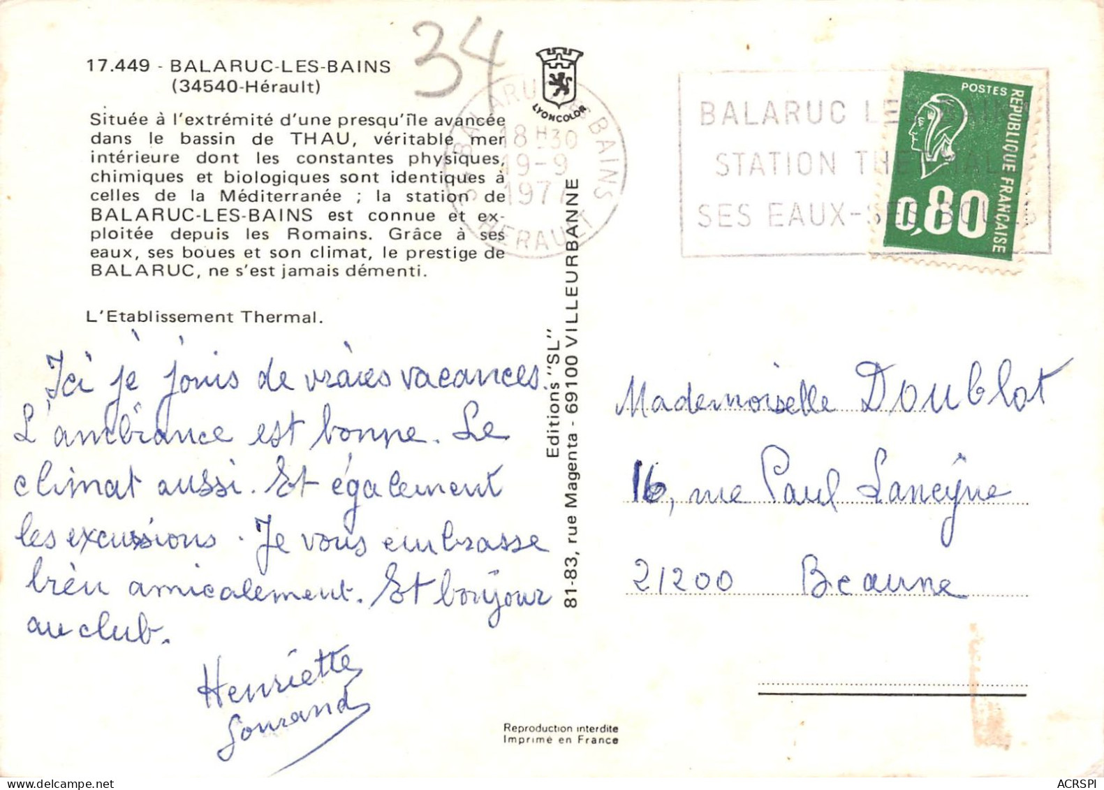 34   BALARUC Les BAINS   Les Jardins     (Scan R/V) N°   15    \MR8021 - Altri & Non Classificati