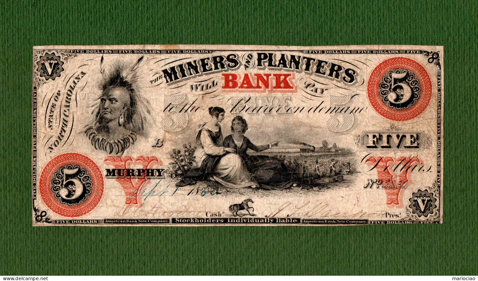USA Note The Miners And Planters Bank 1860 $5 MURPHY North Carolina INDIAN & SLAVES N. 2232 - Sonstige & Ohne Zuordnung