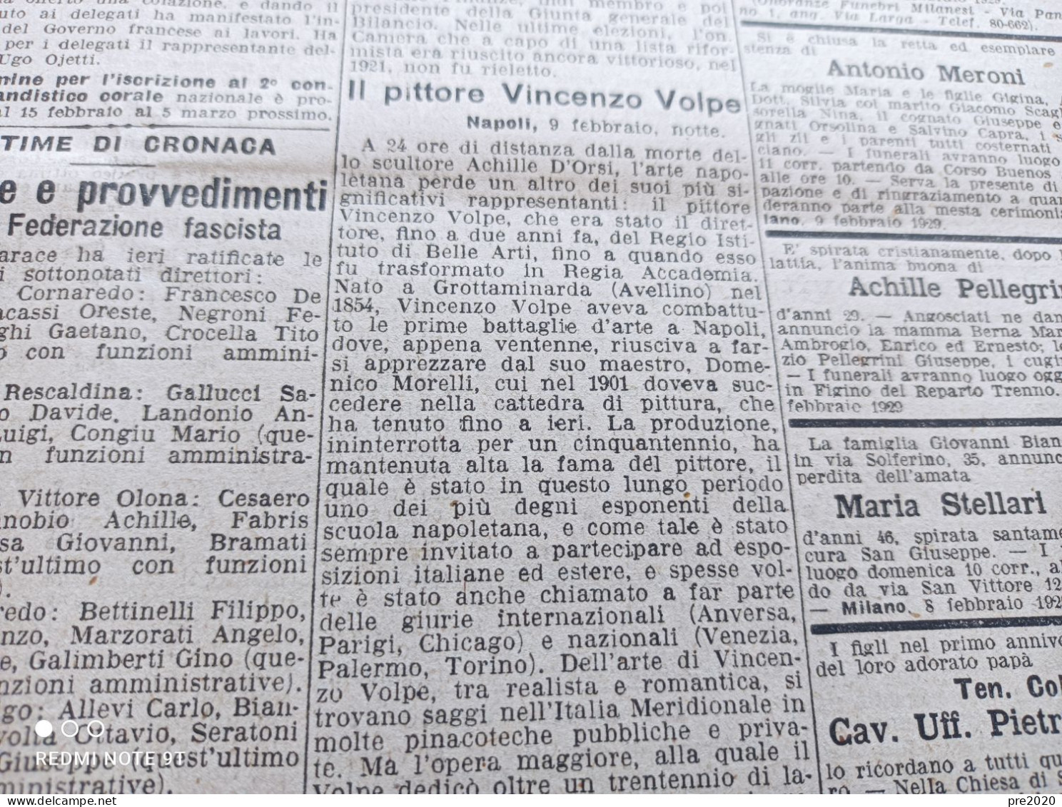 CORRIERE DELLA SERA 10/2/1929 MORTE DI VINCENZO VOLPE GROTTAMINARDA PITTORE MONTOPOLI IN VALDARNO - Other & Unclassified