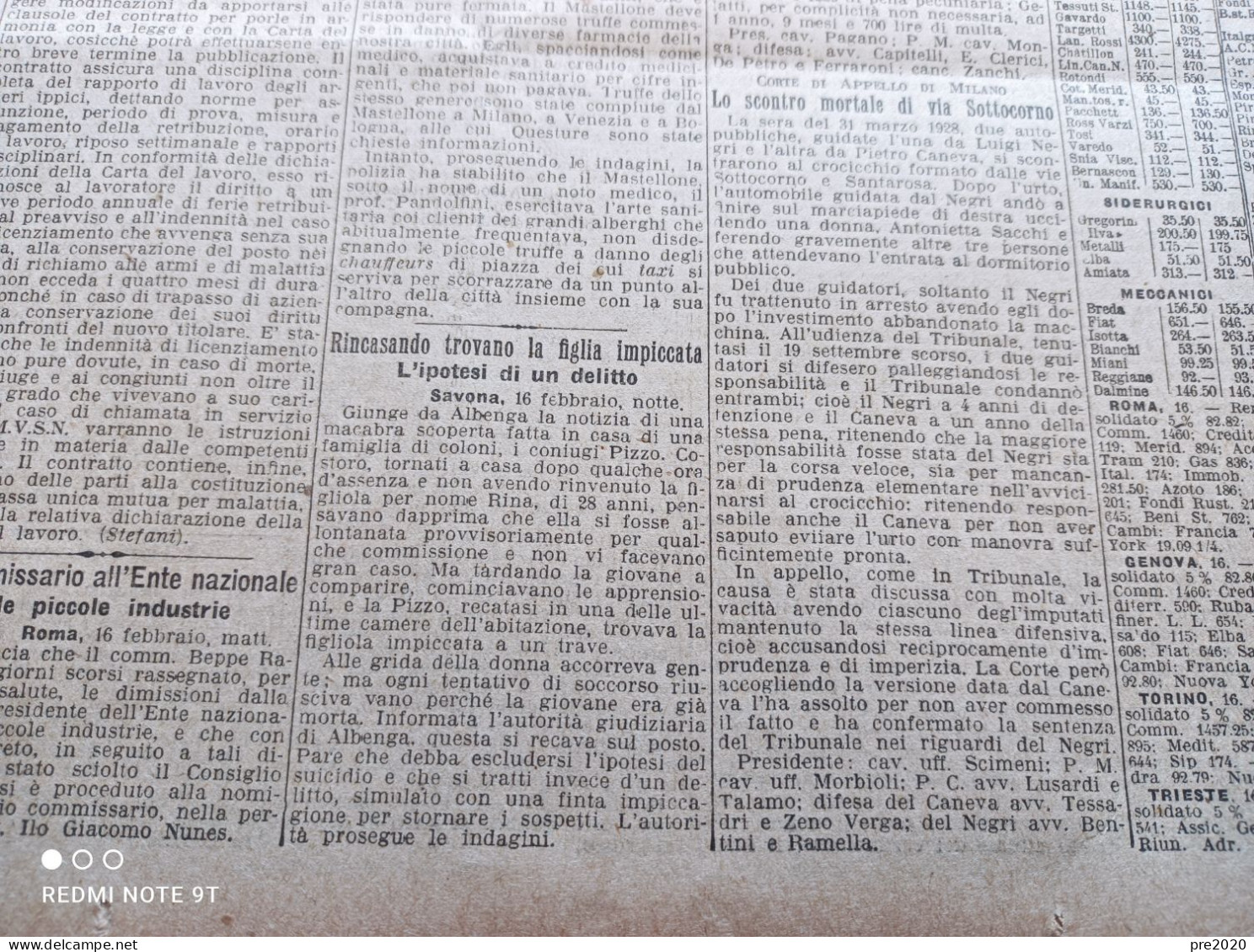 CORRIERE DELLA SERA 17/2/1929 BAGNI DI SAN GIULIANO ALBENGA ABBIATEGRASSO VOLTURARA IRPINA PERDIFUMO - Other & Unclassified