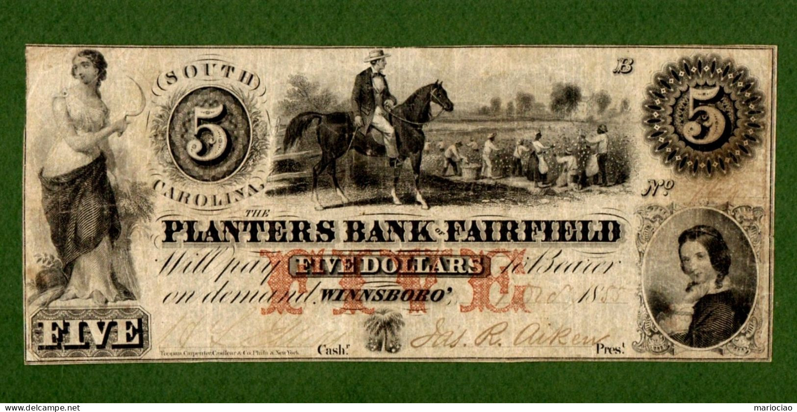 USA Note The Planters Bank Of Fairfield South Carolina Winnsboro 1855 $5 SLAVES - Altri & Non Classificati