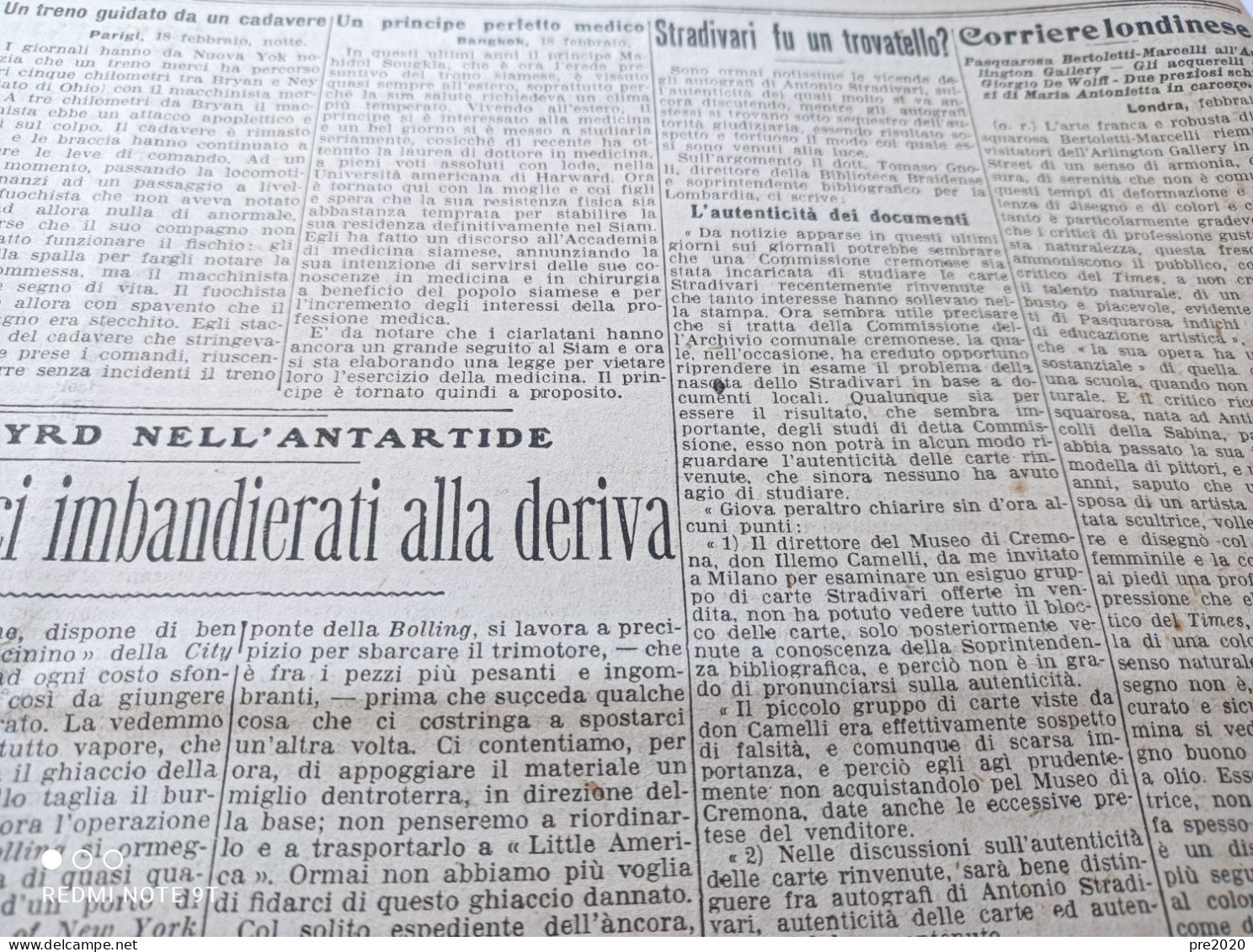 CORRIERE DELLA SERA 19/2/1929 STRADIVARI MORTE DI ENRICO MORSELLI MODENA - Other & Unclassified