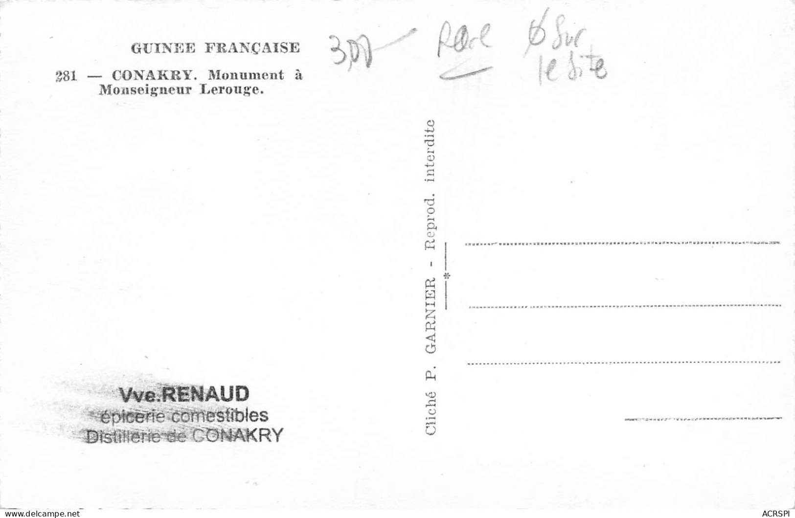 GUINEE FRANCAISE CONAKRY MONUMENT A MONSEIGNEUR LEROUGE     (Scan R/V) N°   1   \MR8053 - Guinée Française