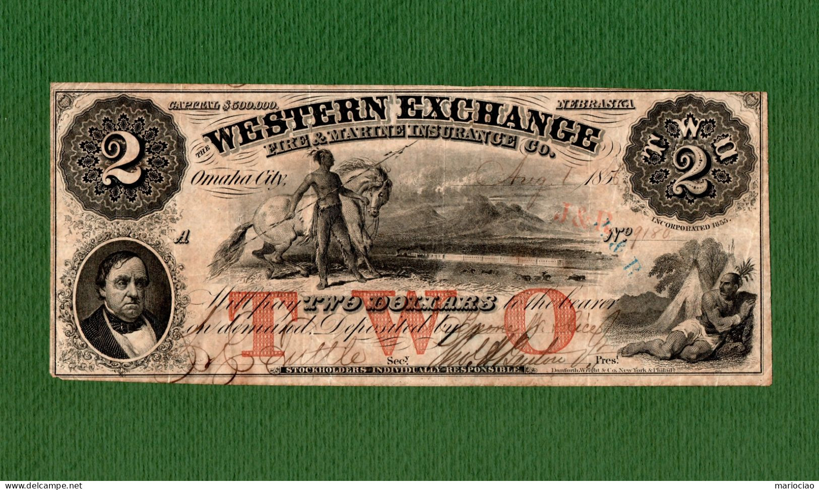 USA Note Western Exchange $2 Omaha City, NEBRASKA 1856 N.9180 ISSUED !!! - Sonstige & Ohne Zuordnung