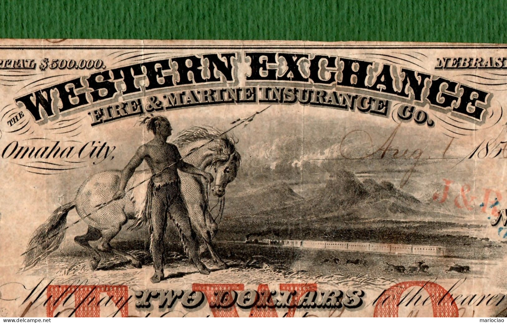 USA Note Western Exchange $2 Omaha City, NEBRASKA 1856 N.9180 ISSUED !!! - Autres & Non Classés
