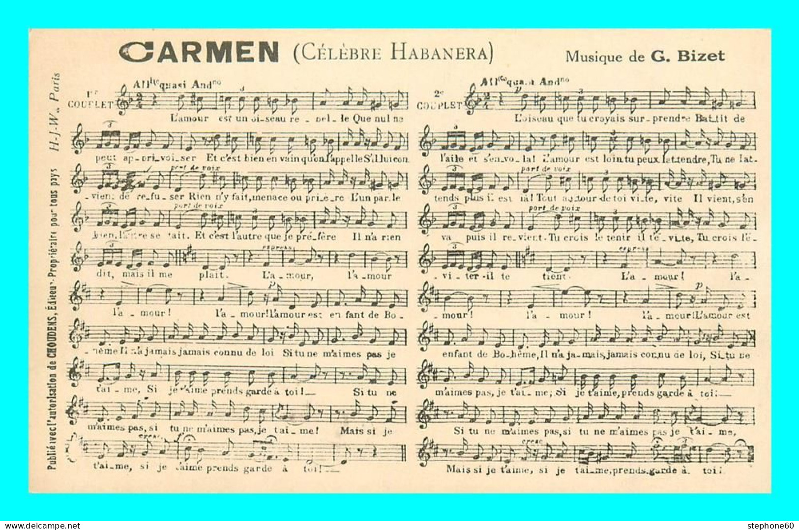 A883 / 327  CARMEN Celebre Habanera Musique De G. Bizet ( Partition ) - Musique Et Musiciens