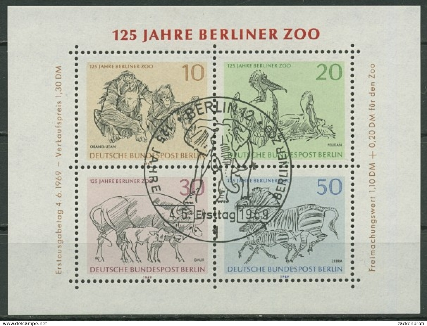 Berlin 1969 125 Jahre Berliner Zoo Block 2 Ersttagssonderstempel ESST (C16734) - Blocs