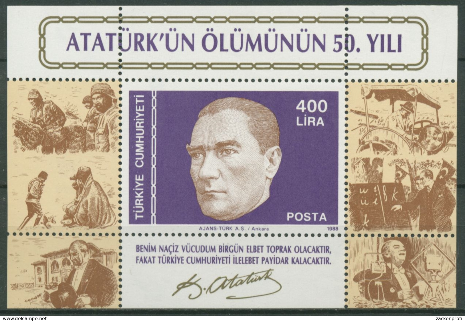Türkei 1988 50 Todestag Von Kemal Atatürk Block 27 Postfrisch (C6720) - Blocs-feuillets