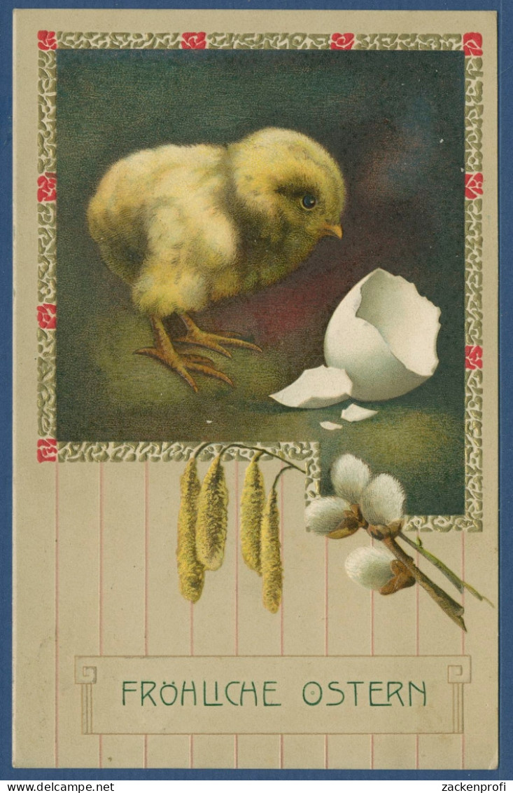 Fröhliche Ostern Küken Weidenkätzchen, Prägekarte, Gelaufen 1909 (AK3517) - Pascua