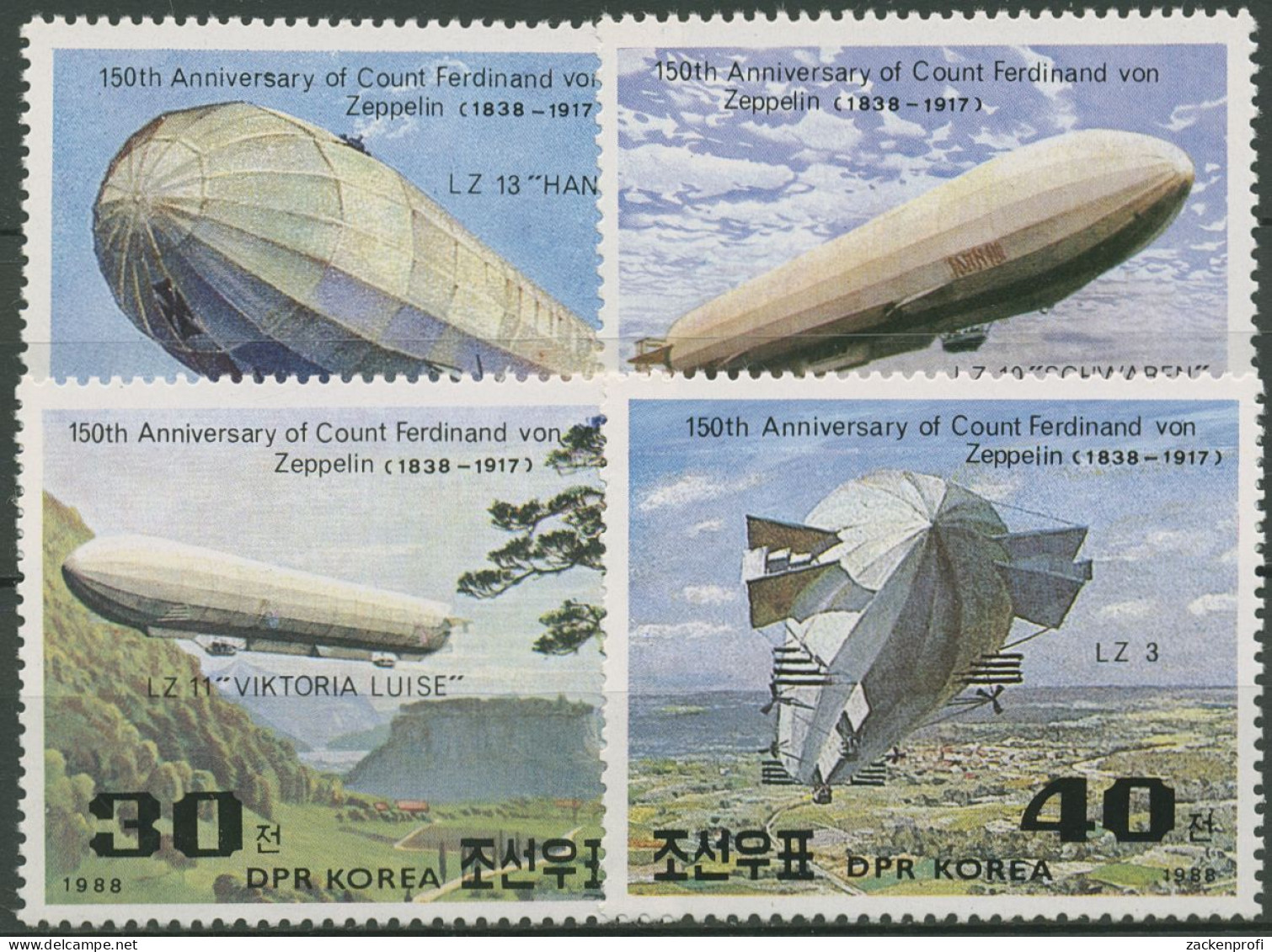 Korea (Nord) 1988 Ferdinand Graf Zeppelin Luftschiffe 2948/51 Postfrisch - Corée Du Nord