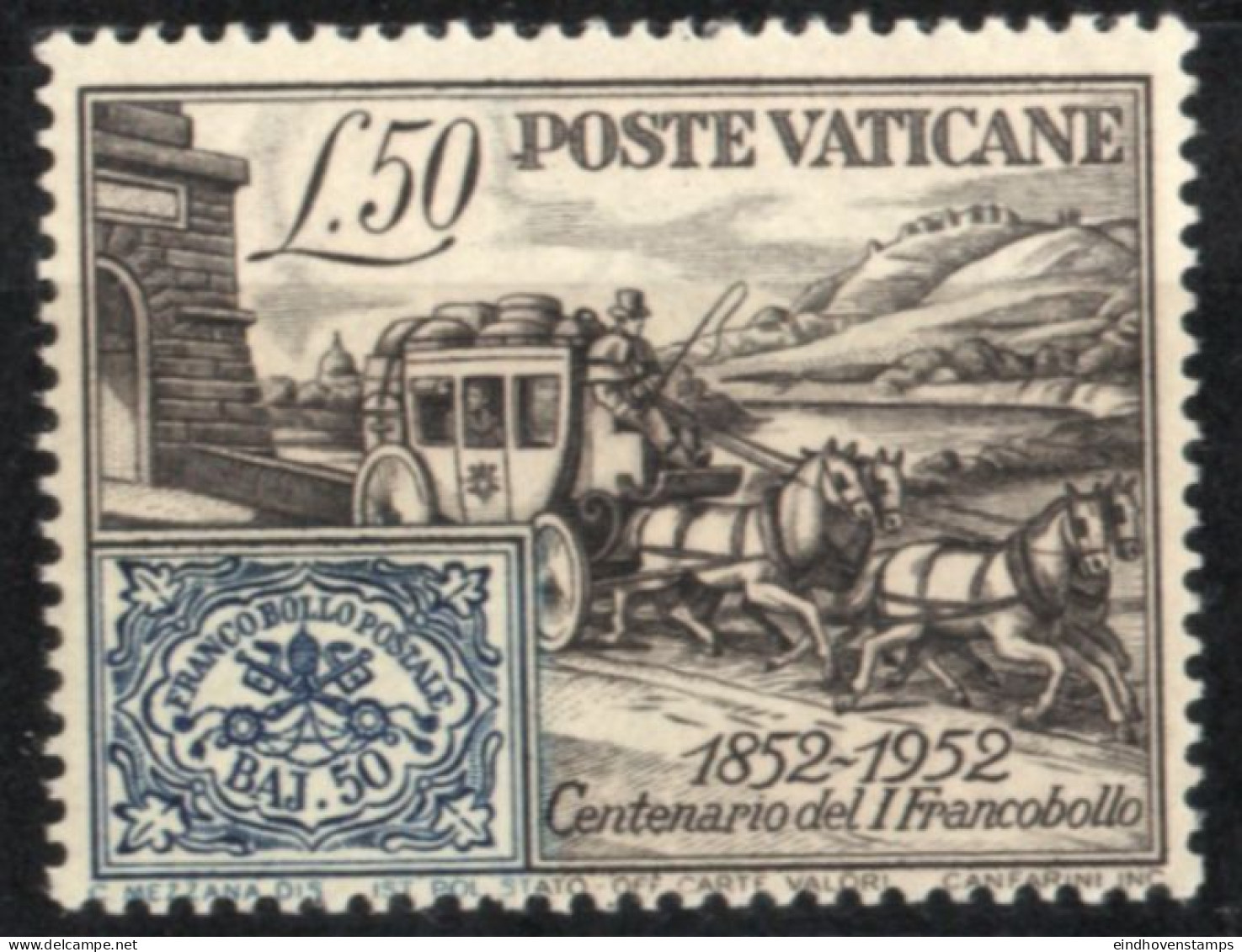 Vatican 1952 100 Year Vatican Stamps 1 Value MNH Horse Drawn Mail Coach - Neufs