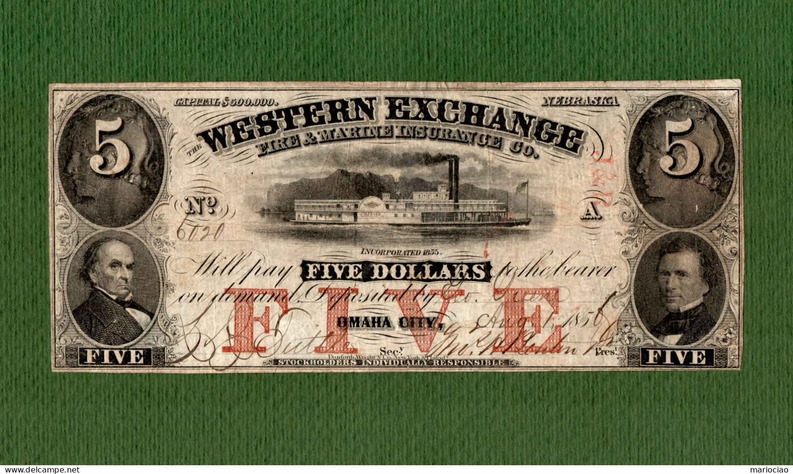 USA Note Western Exchange $5 Omaha City, NEBRASKA 1856 N.6020 ISSUED !!! - Autres & Non Classés